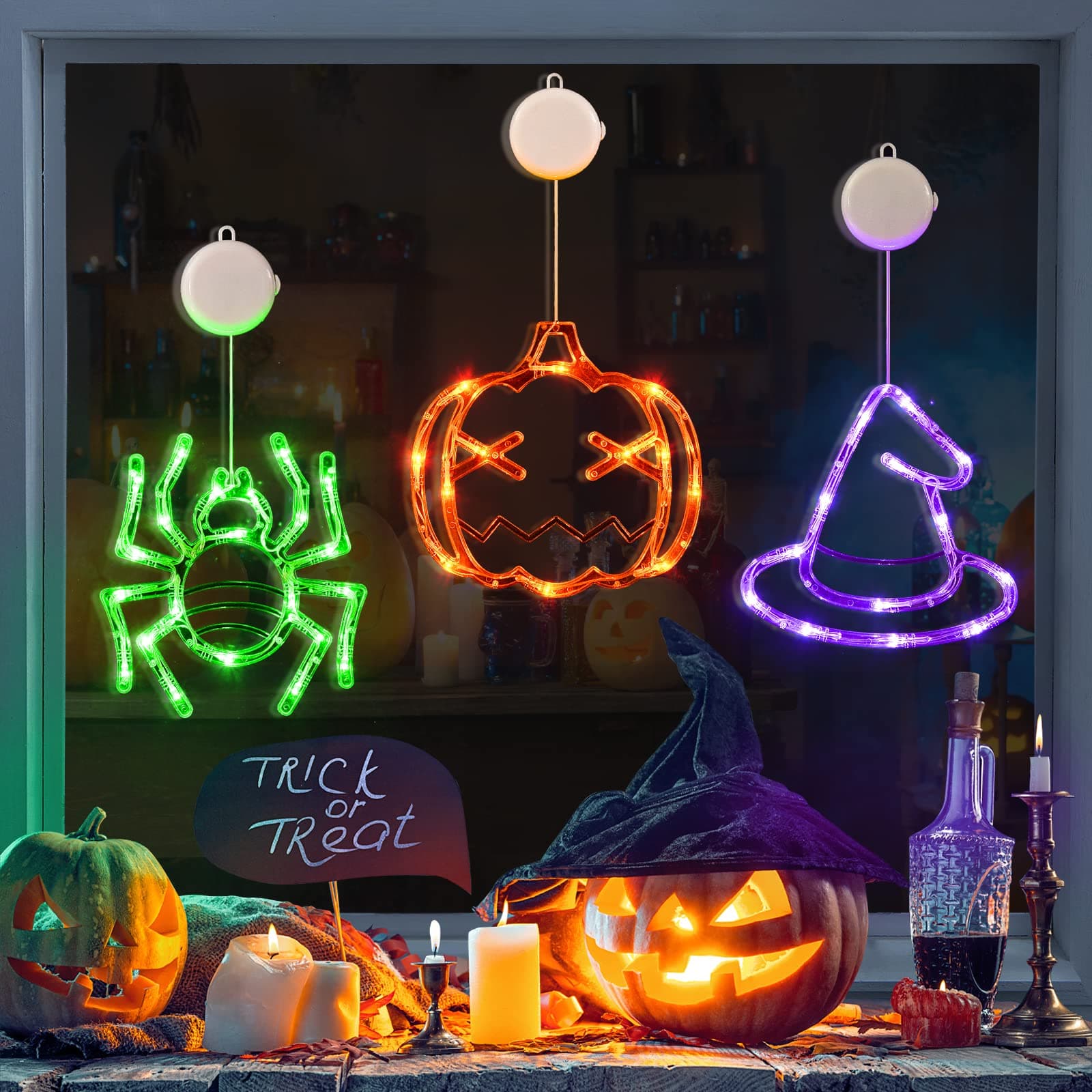 Halloween Window Decorations 3 Pack Orange Pumpkin Green Spider Purple Witch Hat Battery Operated Window Lights with Suction Cup Slow Fade Timer Function Halloween Indoor Lights for Windows