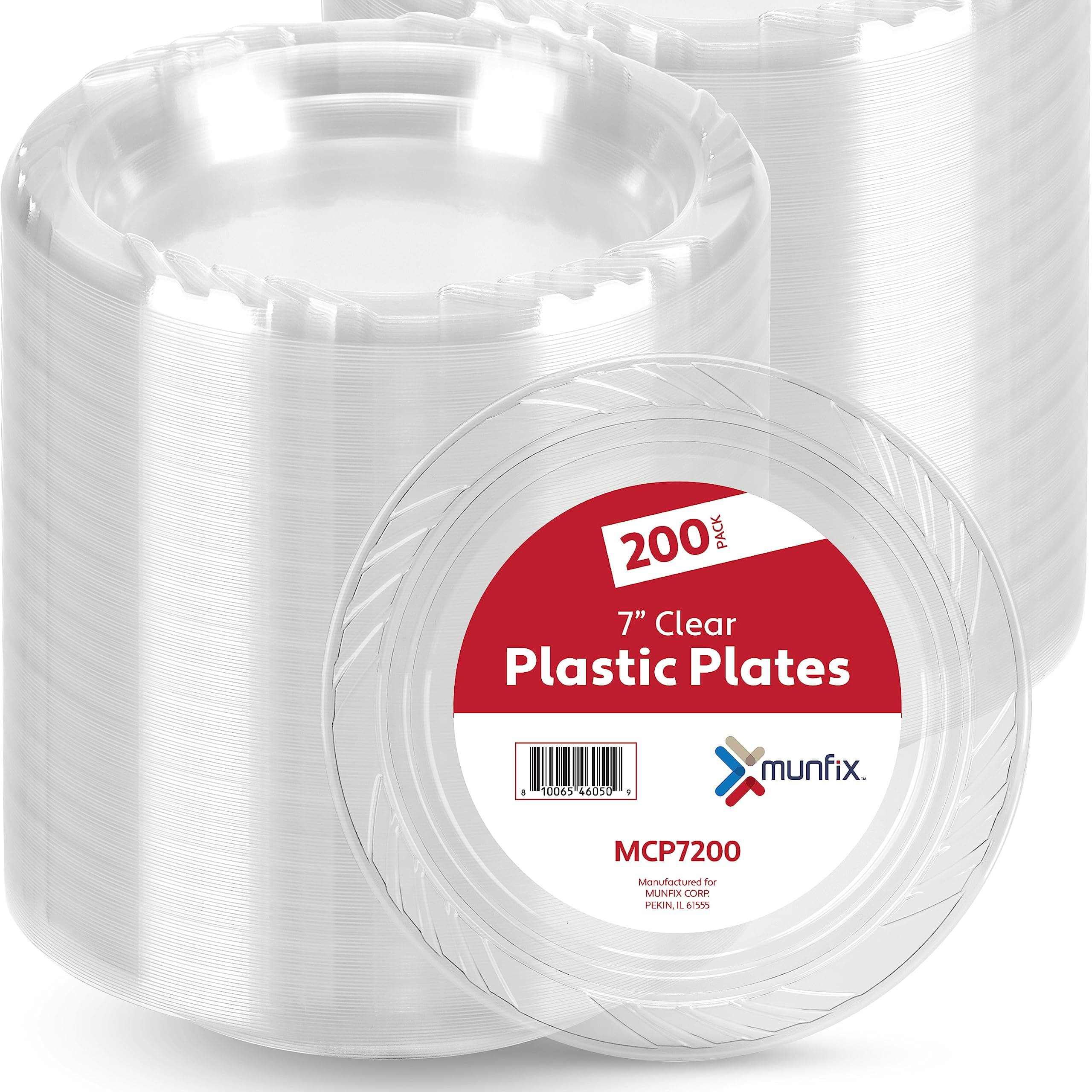 Munfix 200 Clear Plastic Plates Set - 7 Inch Disposable Dessert/Salad Plates, Bulk Pack for Party BBQ, Picnic, Parties, Travel and Events, Microwavable Recyclable