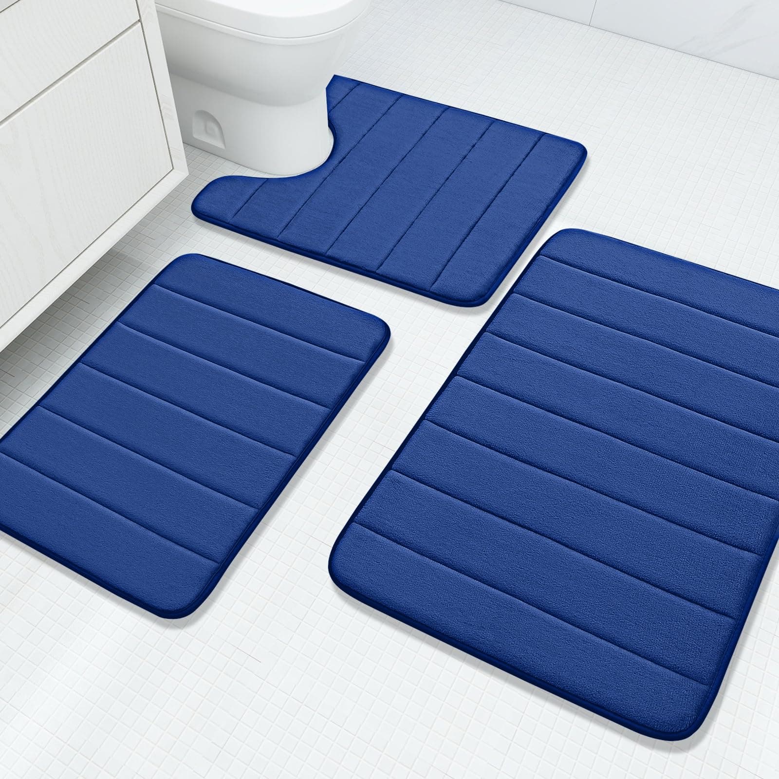 Buganda Memory Foam 3 Pieces Bathroom Rugs Set - Thick Soft Absorbent Non-Slip Bath Mats, Washable Small/Large/Contour Bath Rugs (24" x 16" + 30" x 20" + 24" x 20", Navy Blue)