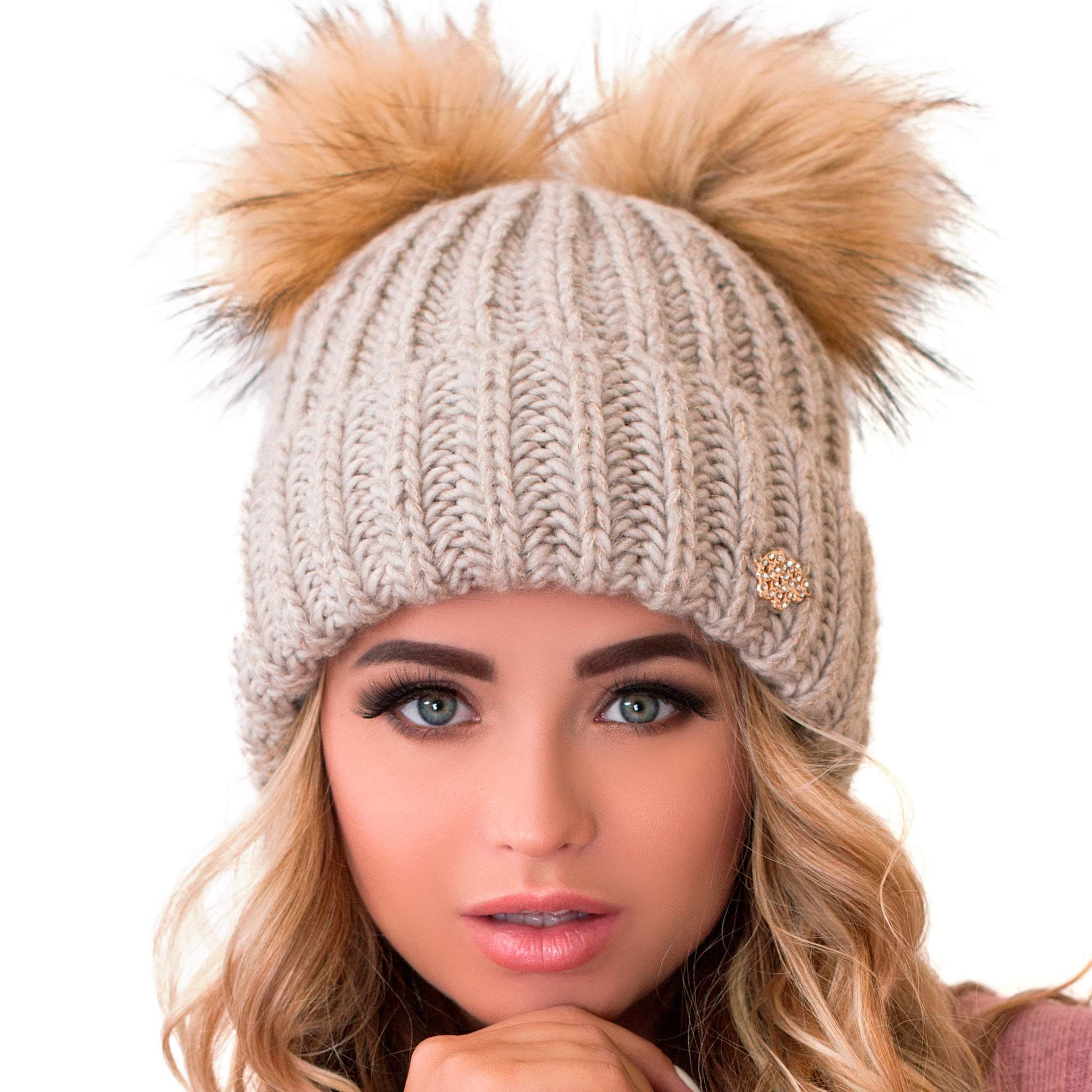 Beanie Women - 2 Pom Cable Knit Winter Warm Fleece Hat - Wool Snow Cuff Ski Cap