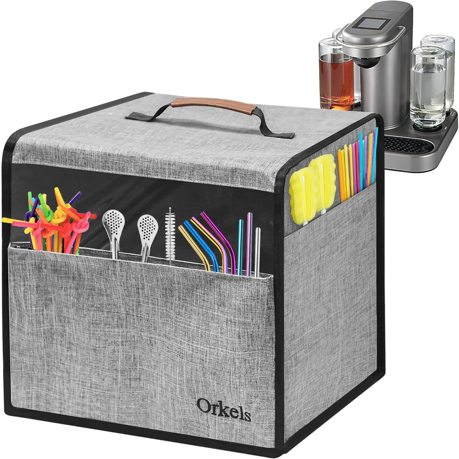 Dust Cover for Bartesian Premium Cocktail Machine - Gray Cover with Top Clear Panel, Pocket & Handle for Storing Bartesian Capsules and Accessories