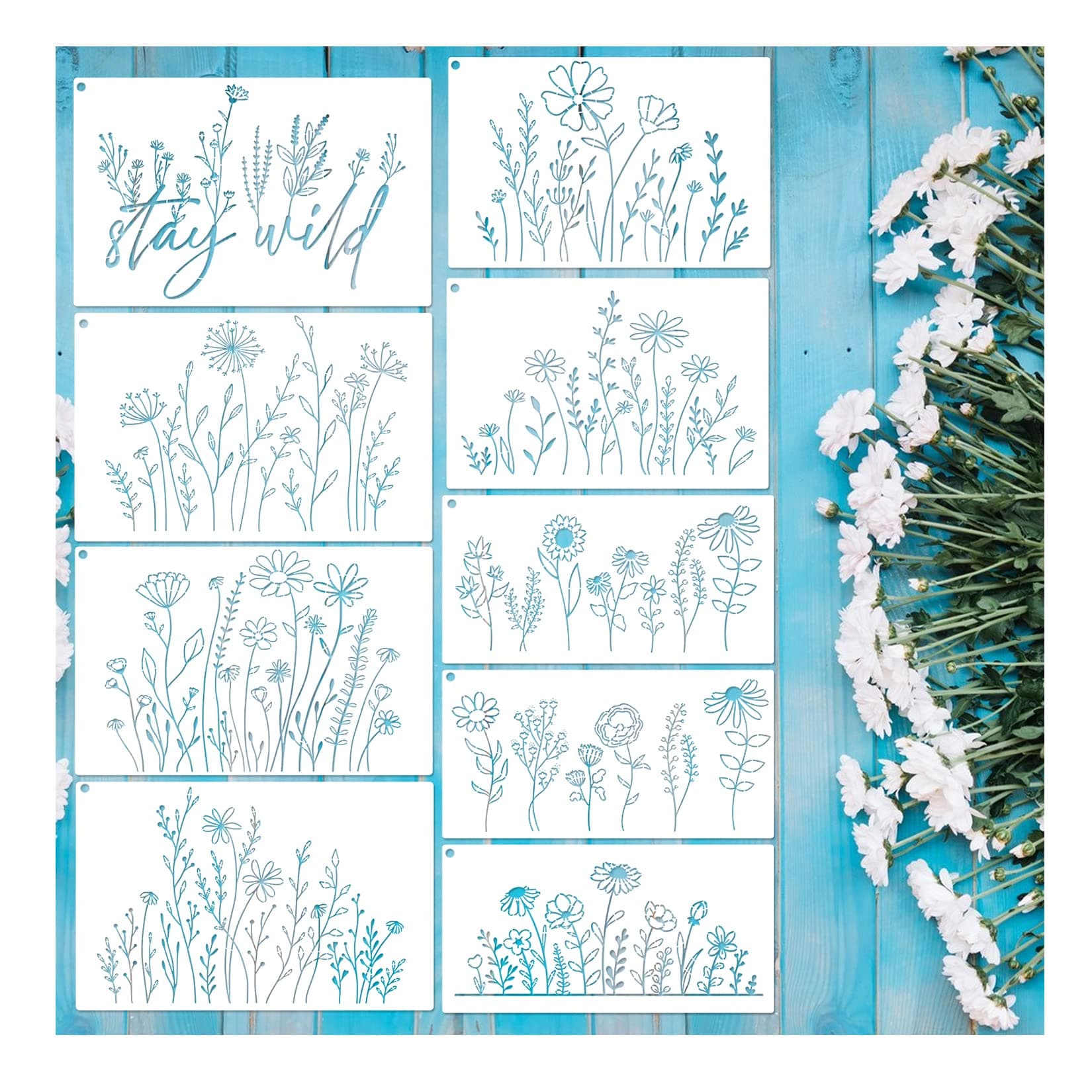 9 Pieces Large Wildflower Stencils Flower Stencils for Painting Wood, Reusable Spring Floral Field Plants Wild Flower Stencils for Crafts Wall Canvas Fabric Paper DIY Furniture Card (9pcs)