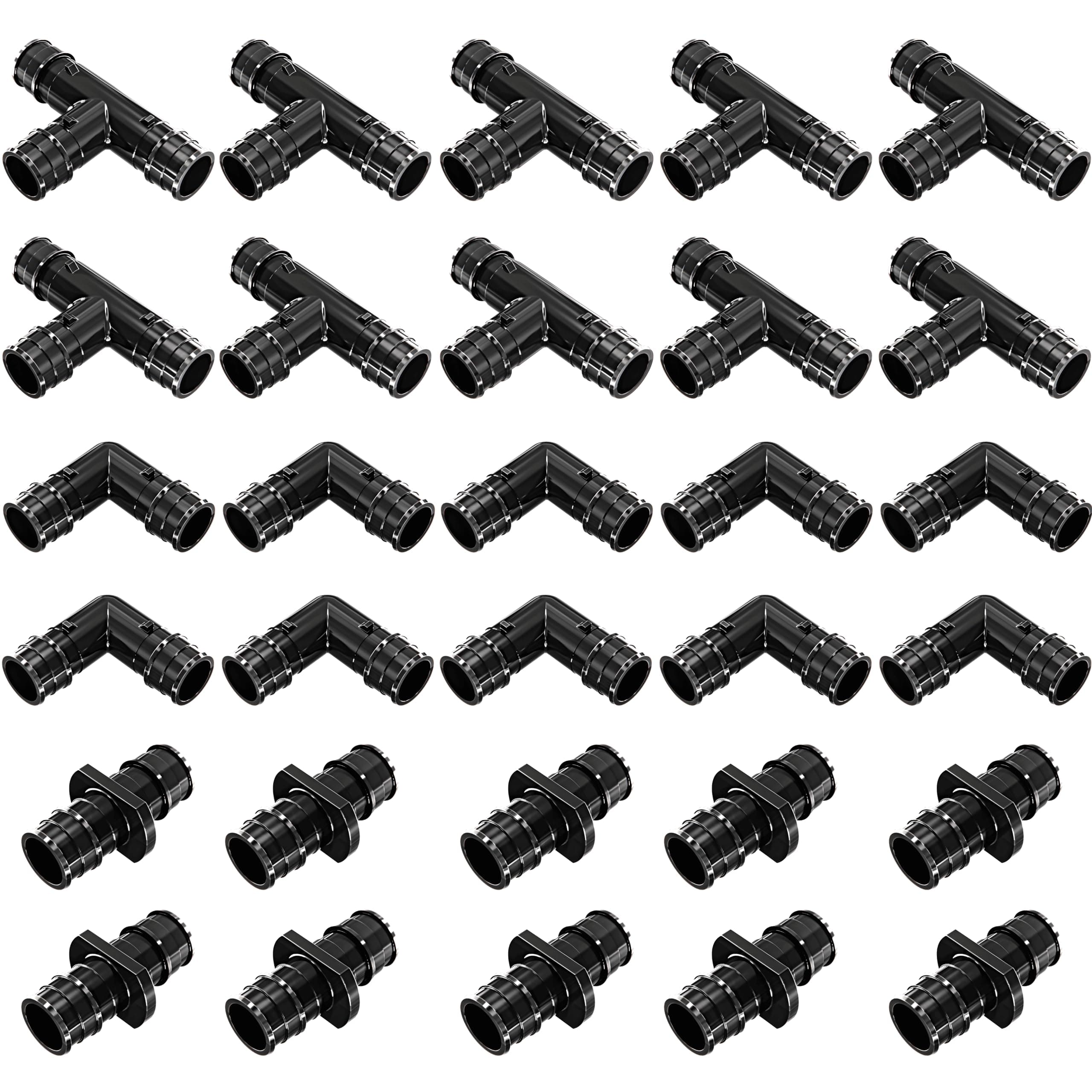 Poly Alloy Pex Fittings 1/2" Combo With 1/2" inch Tees "T" [10 PCS], 1/2" Elbows [10 PCS], 1/2" Couplings [10 PCS] | Lead Free Ppsu Plastic Fittings Crimp Cinch for Pex Pipe in Plumbing [Pack of 30]