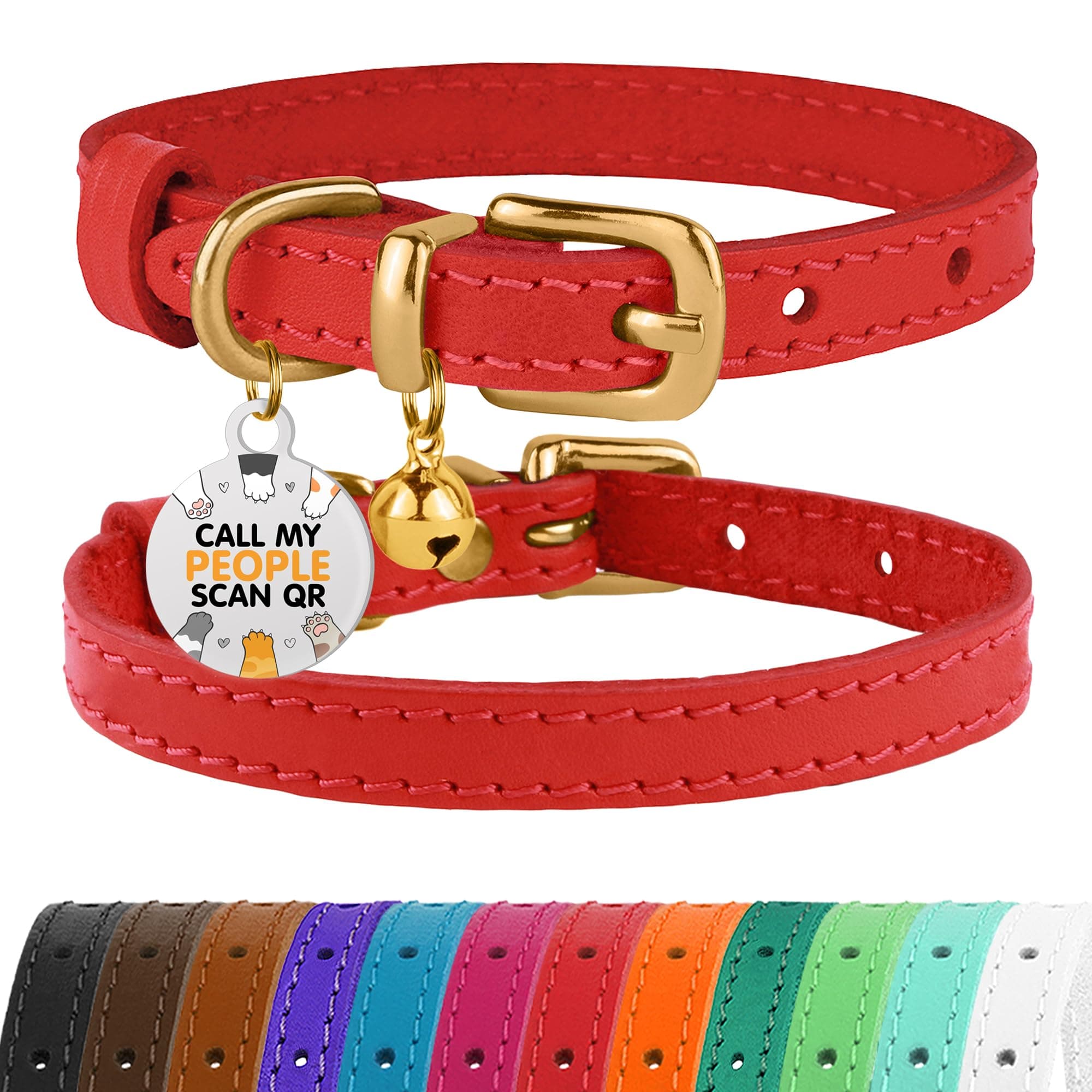 BRONZEDOG Leather Cat Collar with Bell Non Breakaway Kitten QR Tag for Girl Boy (9" - 12" Cats/Mini Dogs, Red & Gold)