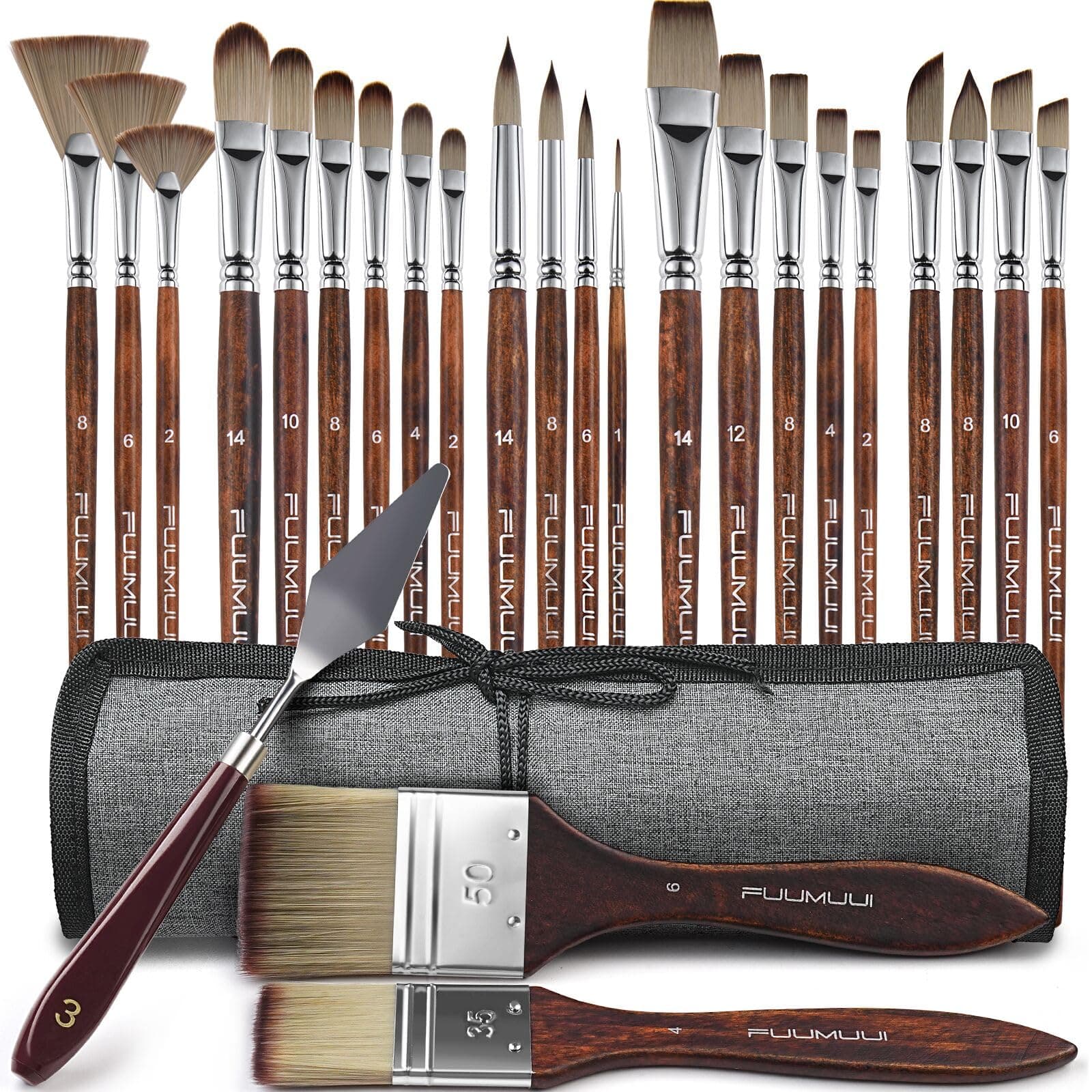 - Fuumuui 25pcs Paint Brush Set, Professional 9 Shapes with Wide Flat, Filbert, Fan, Dagger, Cat Tongue, Round, Angle, Rigger for Acrylic Oil Watercolor | Includes Palette Knife & Waterproof Canvas Roll