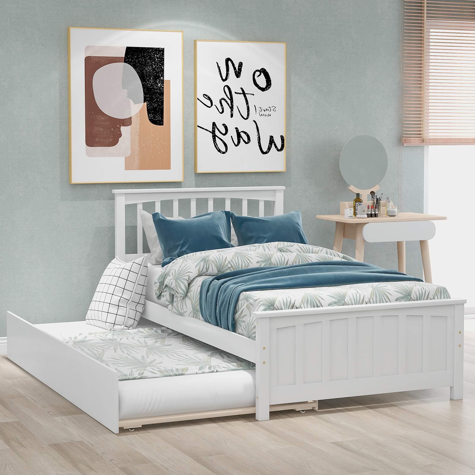 Solid Wood Twin Size Bed Frame with Trundle, Modern Platform Bed with Headboard and Footboard for Saving Space, No Box Spring Needed, White