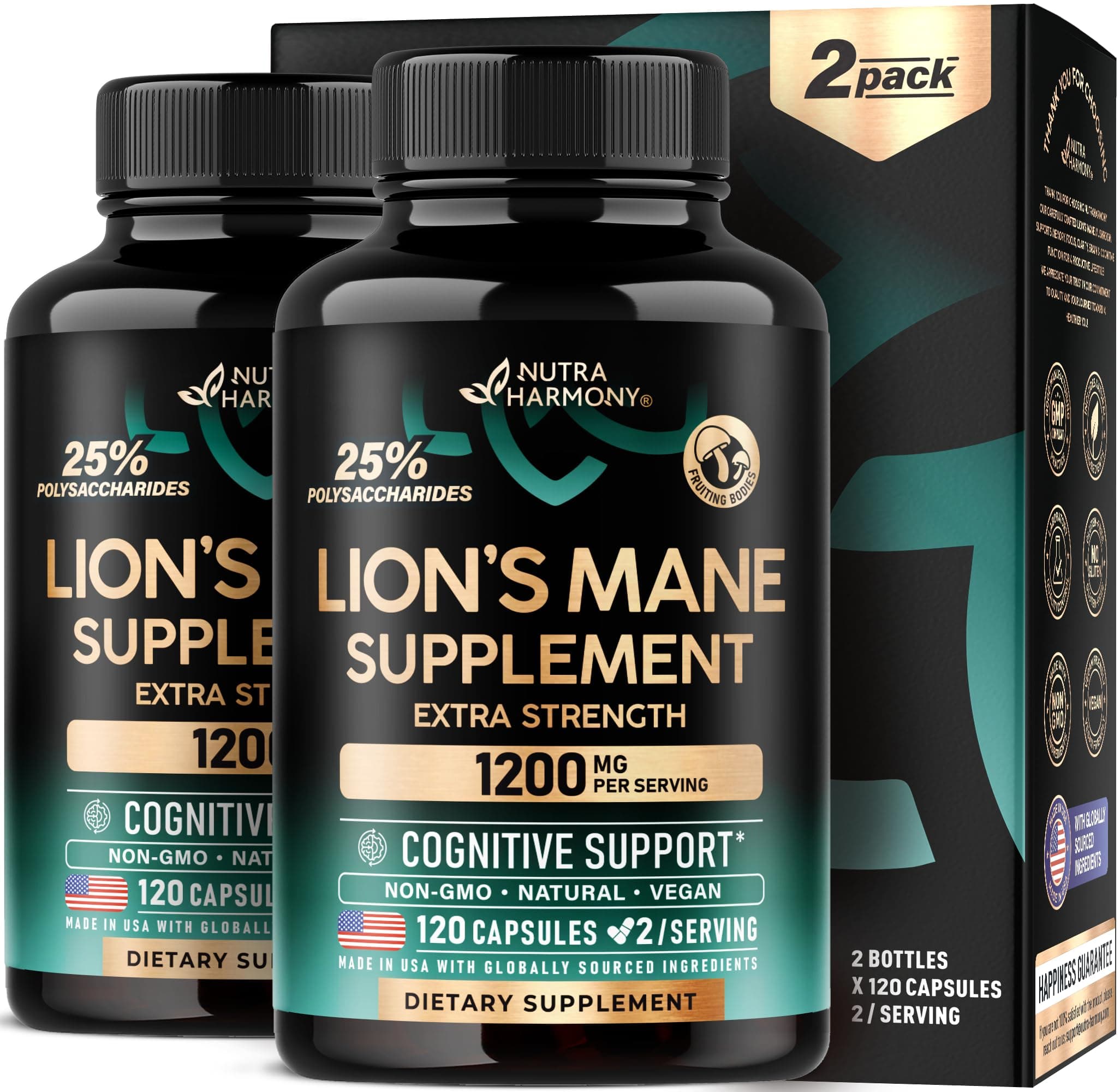 Lions Mane Supplement Capsules - Organic Lions Mane - Made in USA - Fruiting Bodies Extract - 1200 mg, 25% Polysaccharides - Memory & Focus Support - As Lions Powder - 120 Capsules, Pack of 2