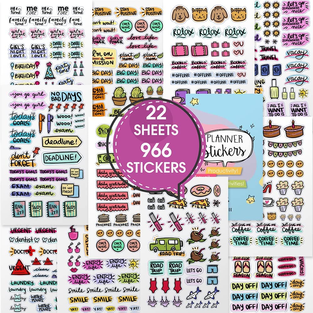 Planner Stickers, Productivity Stickers for Journals, Agenda, or Calendars, Premium Glossy Stickers, Planner Stickers and Accessories, Variety & Value Pack of 22 Sheets (966 Stickers)