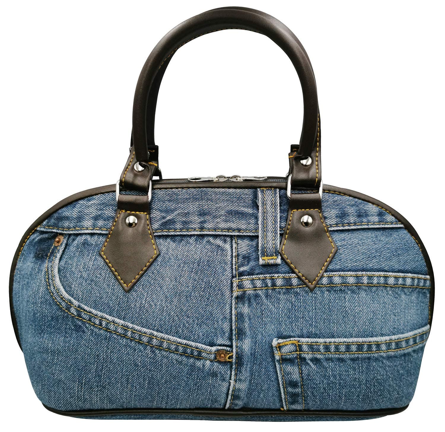 Blue Denim Leather Trim Curved Shape Top Handle Handbag Purse (Brown)