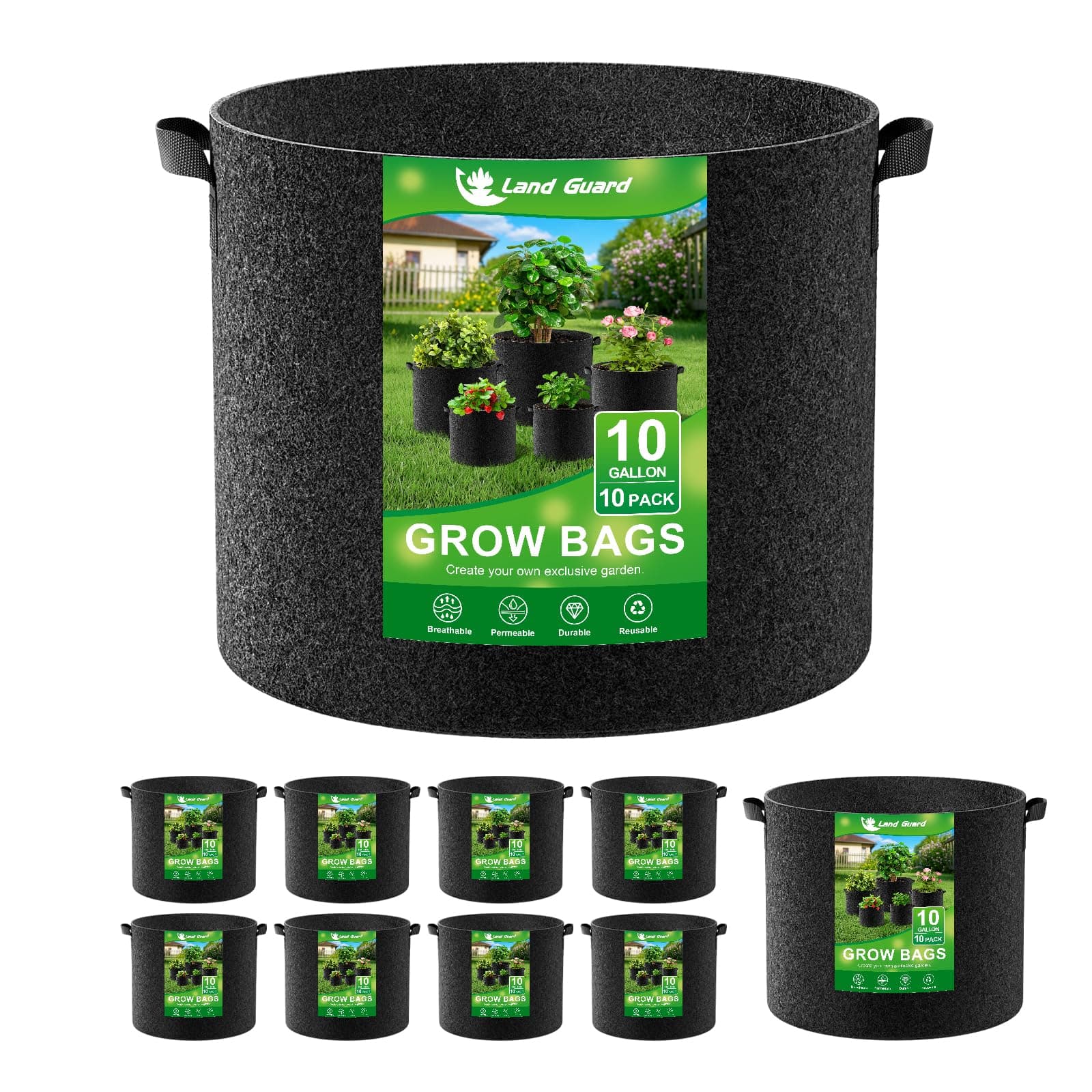Land Guard 10-Pack Fabric Grow Bags 10 Gallon, Thickened Nonwoven Garden Pots, Growing Bags with Handles, Black