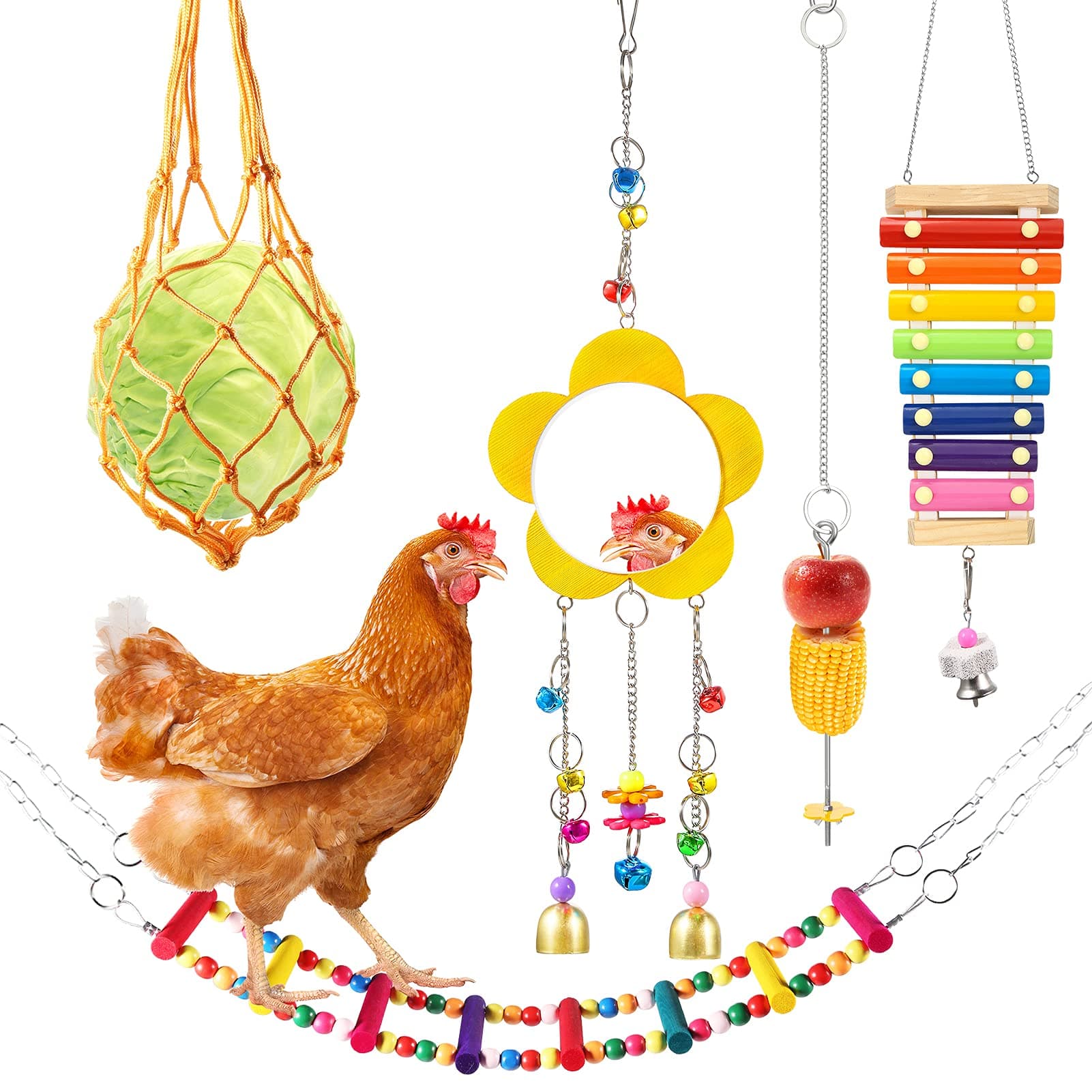 Woiworco 5 Packs Chicken Toys, Chicken Xylophone Toy for hens, Chicken Mirror Toys, Chicken Ladders Swing Toys and Vegetable Hanging Feeder Chicken Coop Accessories