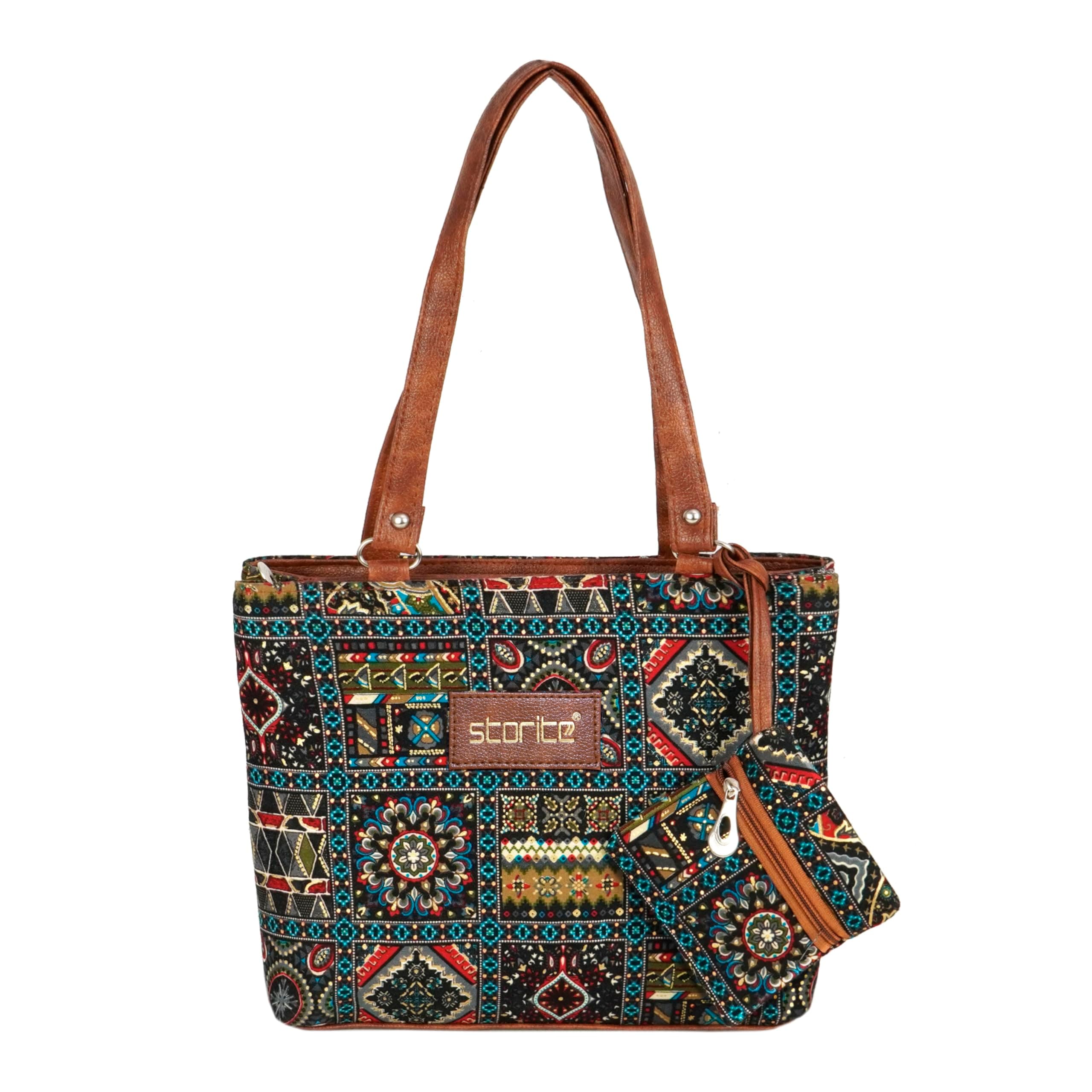 Storite Women's Embroidery Top-Handle Handbag with Matching Pouch, Stylish Multicolor Shoulder Bag, Traditional Ethnic Purse for Casual & Festive Use - Medium Size