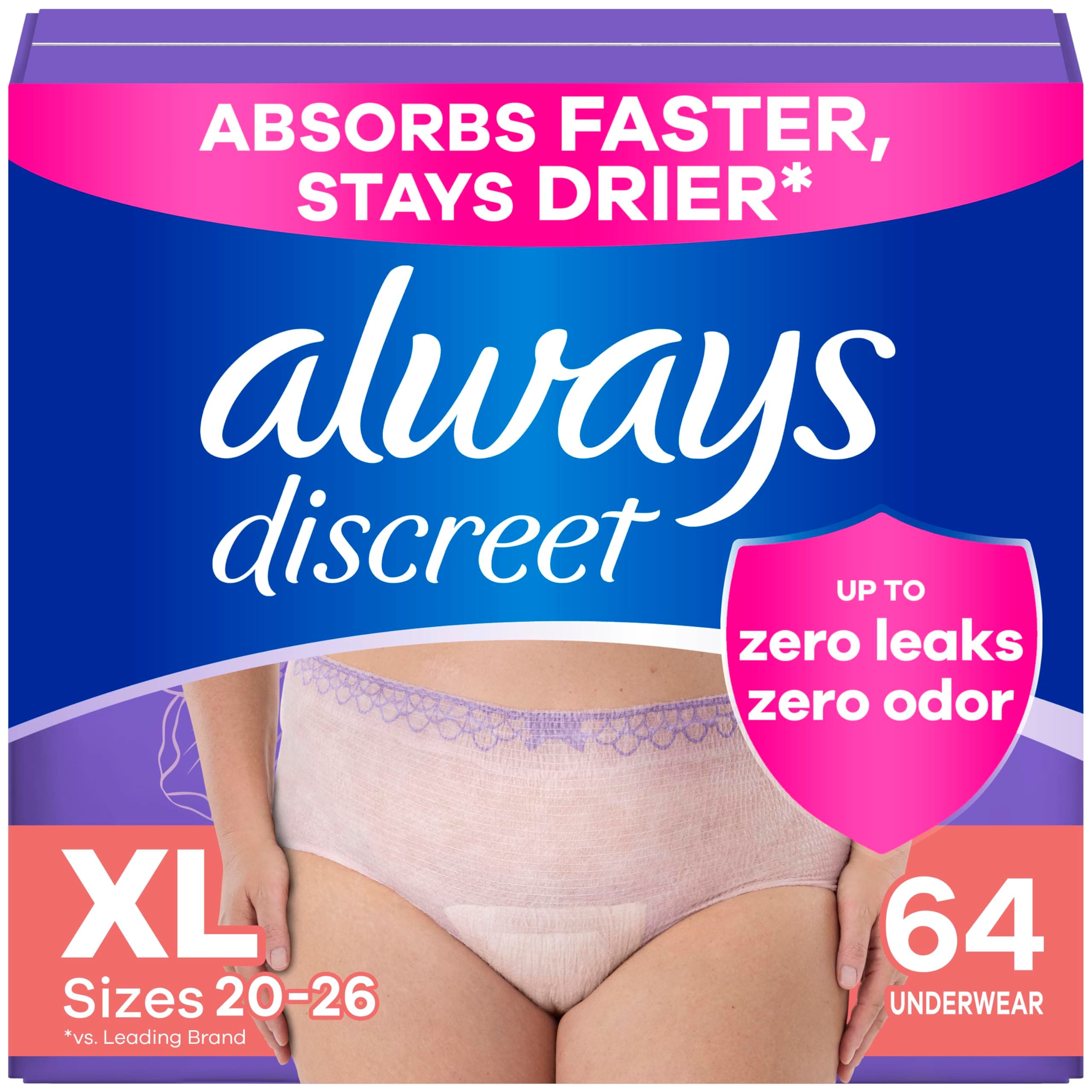 Always Discreet Adult Incontinence Underwear for Women and Postpartum Underwear, XL, Up to 100%* Bladder Leak Protection, 64 CT,