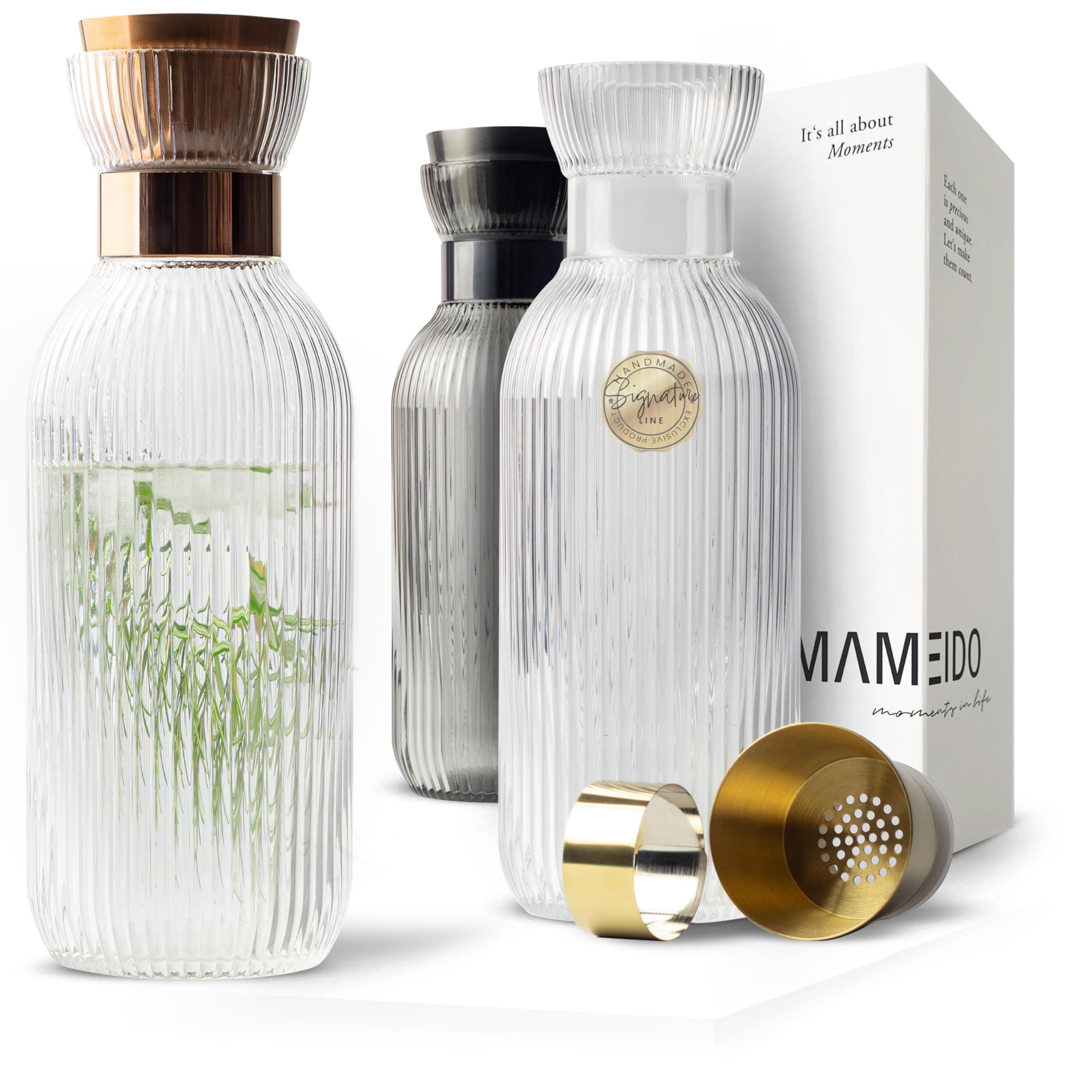 MAMEIDOWater Carafe 1l - Glass Carafe with Lid & Sieve, Hand-Blown Water jug ​​with Noble Look for Special Occasions, carafes to give as a Gift (Crystal Copper, 1000ml)