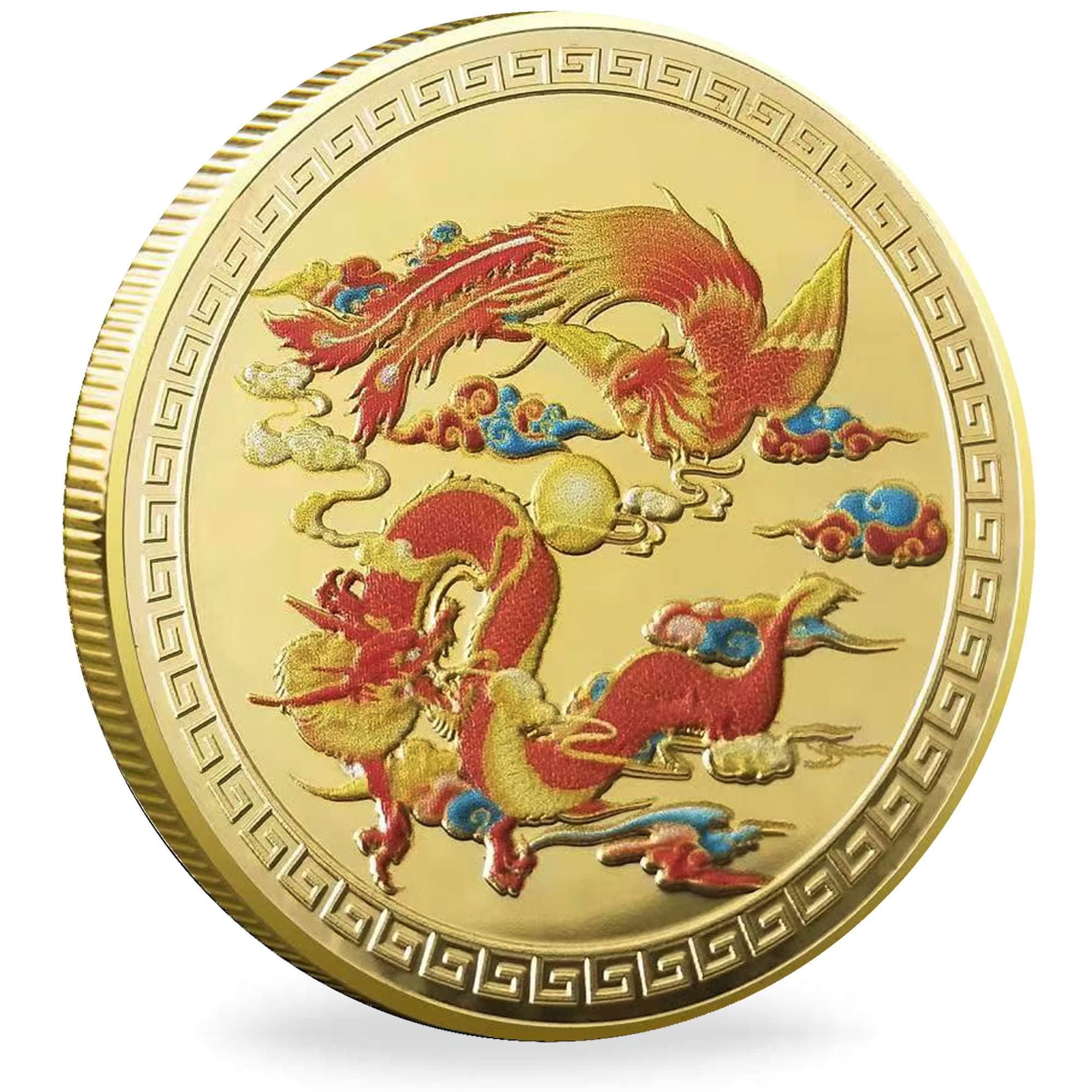 Chinese Dragon and Phoenix Harmony Golden Lucky Coin - Embrace Luck and Auspiciousness
