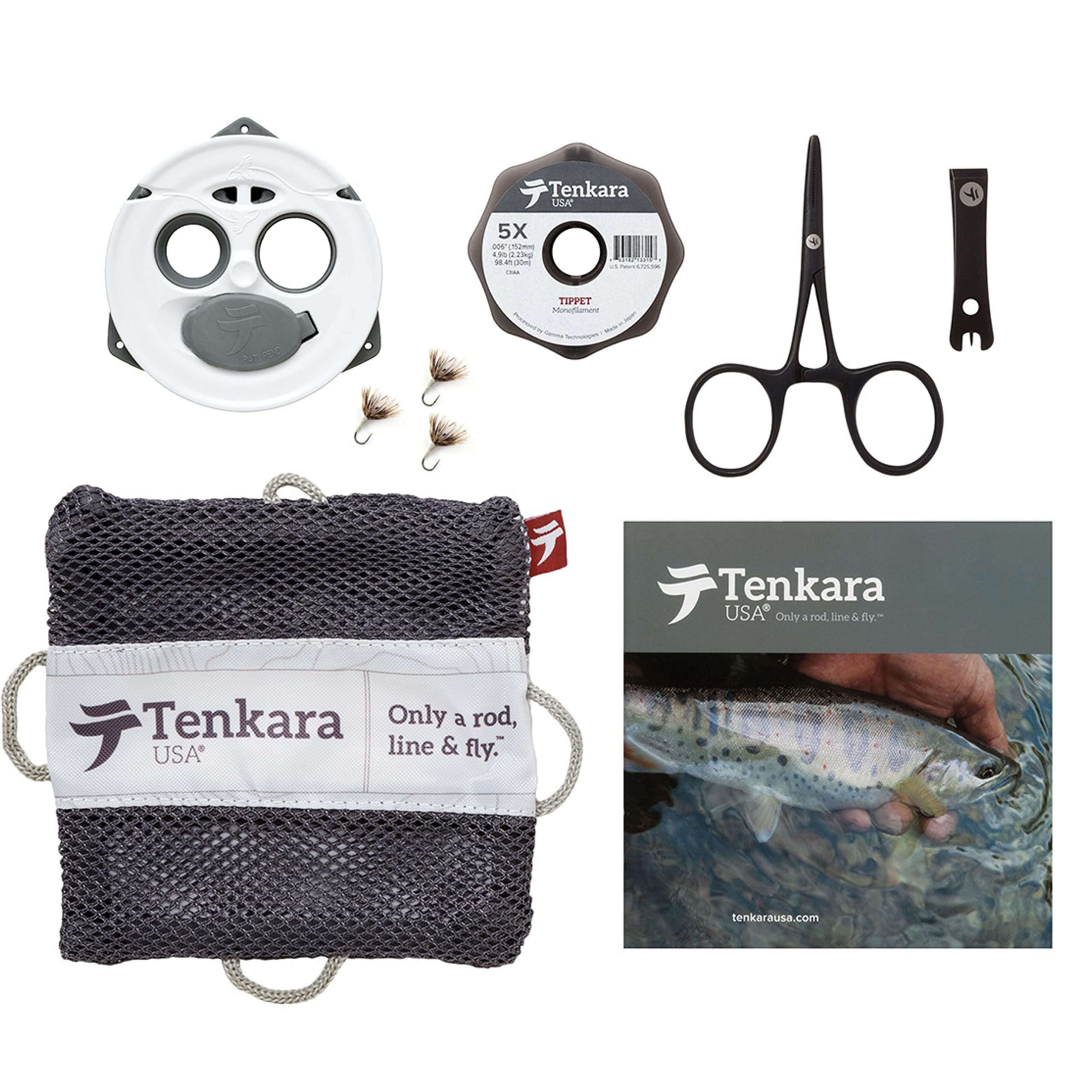 Complete Fly Fishing Starter Kit by Tenkara USA® – Line Keeper, Tapered Line, Tippet, 3 Flies, Forceps, Nippers & Instructional Guide – All-in-One Rod Kit in Mesh Bag
