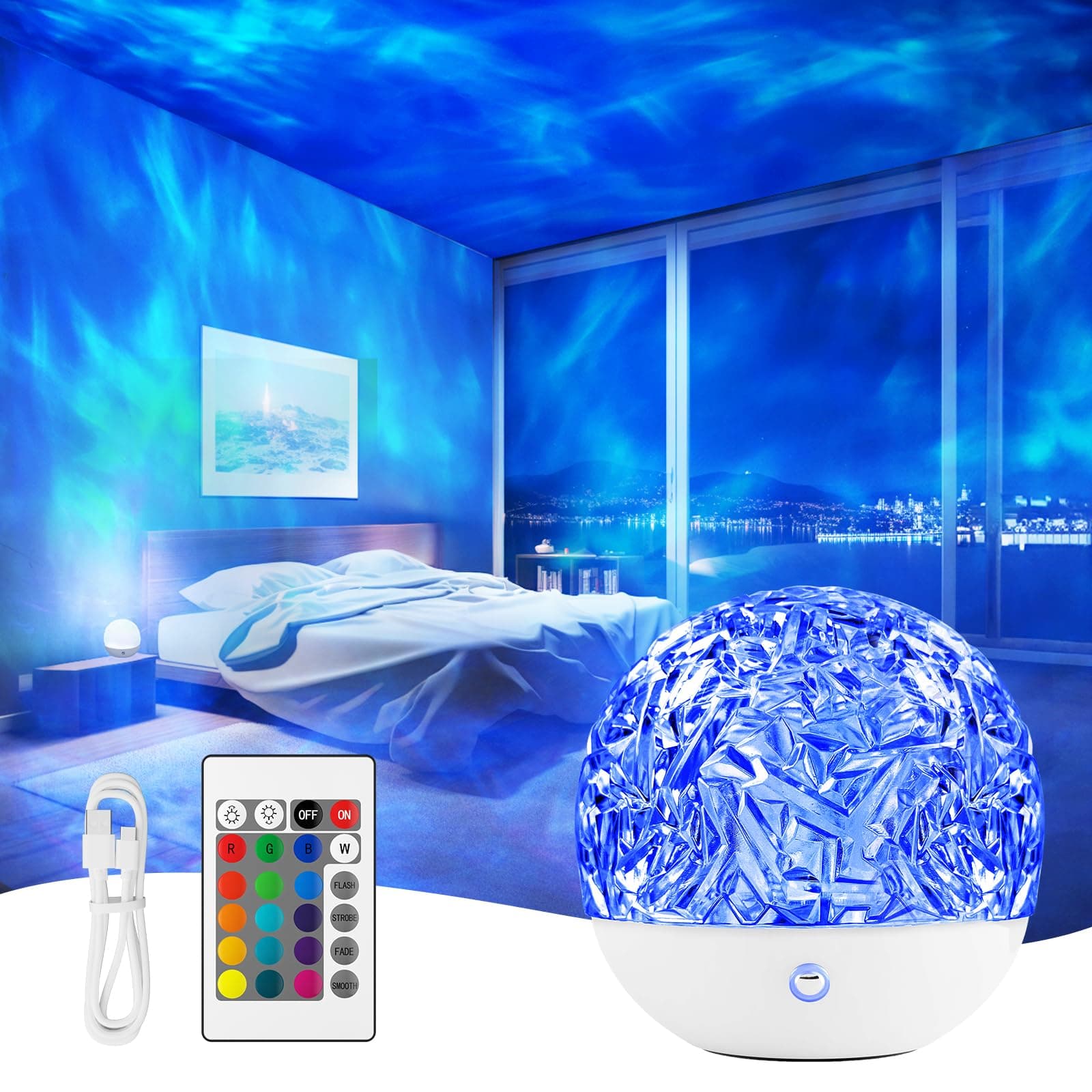 Fokky Galaxy Projector Light, 16 Colors Ocean Wave Sensory Light, Ocean Wave Projector with Remote Control, Star Light Projector Night Light for Kids, Light Projector for Kids Bedroom/Party/Game Rooms [Energy Class F]