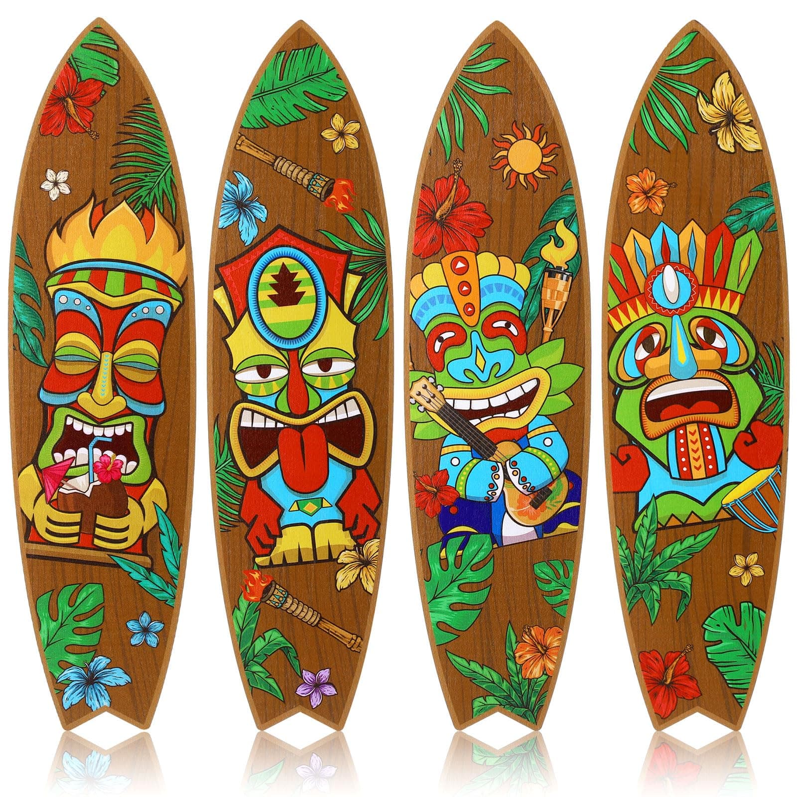Blulu 4 Pcs Tiki Surfboard Wall Decor Surfboard Wall Hanging Sign Wooden Beach Decoration Summer Theme Decor Hawaiian Luau Party Decoration for Home Bar Aloha Tropical Birthday Party