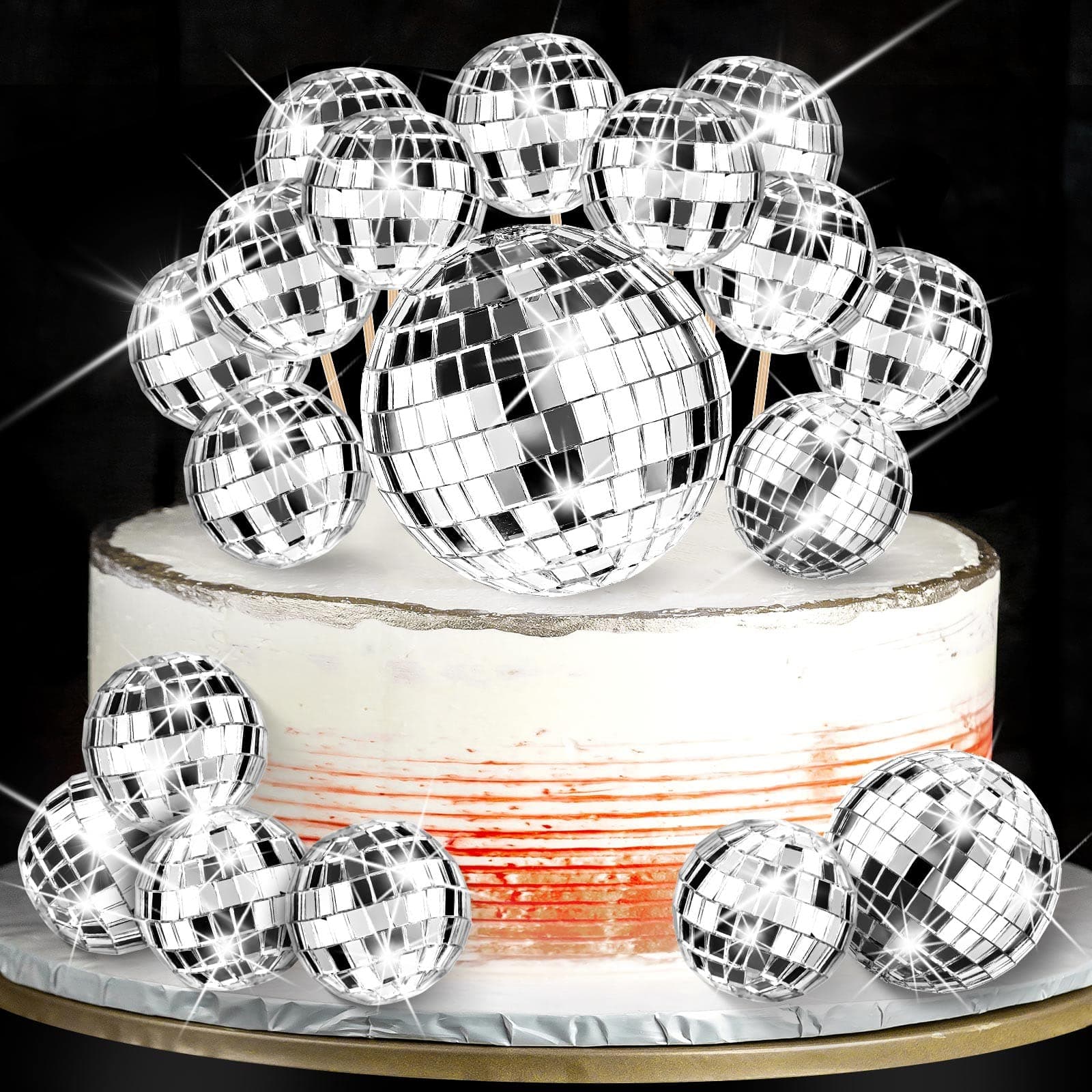 26PCS Disco Ball Cupcake Toppers, 70's Disco Themed Cake Decoration Set with Flashing Silver Mirror Ball for 70s Dance Birthday Party Supplies to Make Your Cake and Party More Appealing