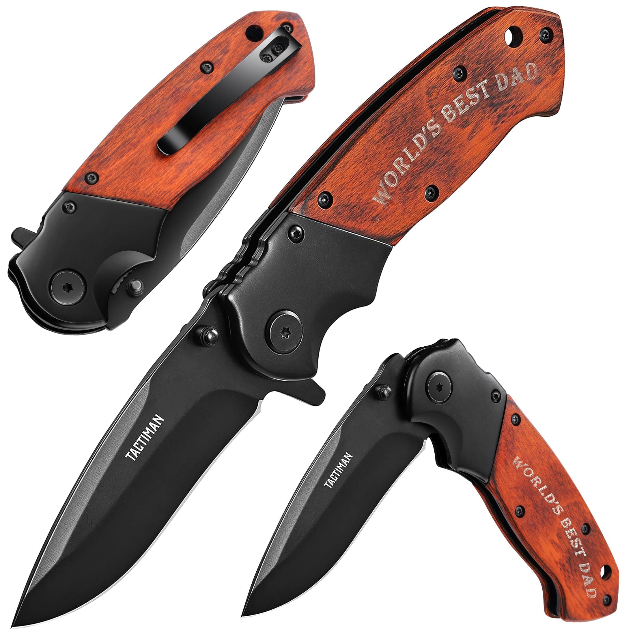 Pocket Knife - 'Best Dad Ever' Engraved Wood Handle Folding Knife with Premium Gift Box - Ideal Father's Day, Christmas, Birthday, Retirement, Thank You, or New Dad Gift