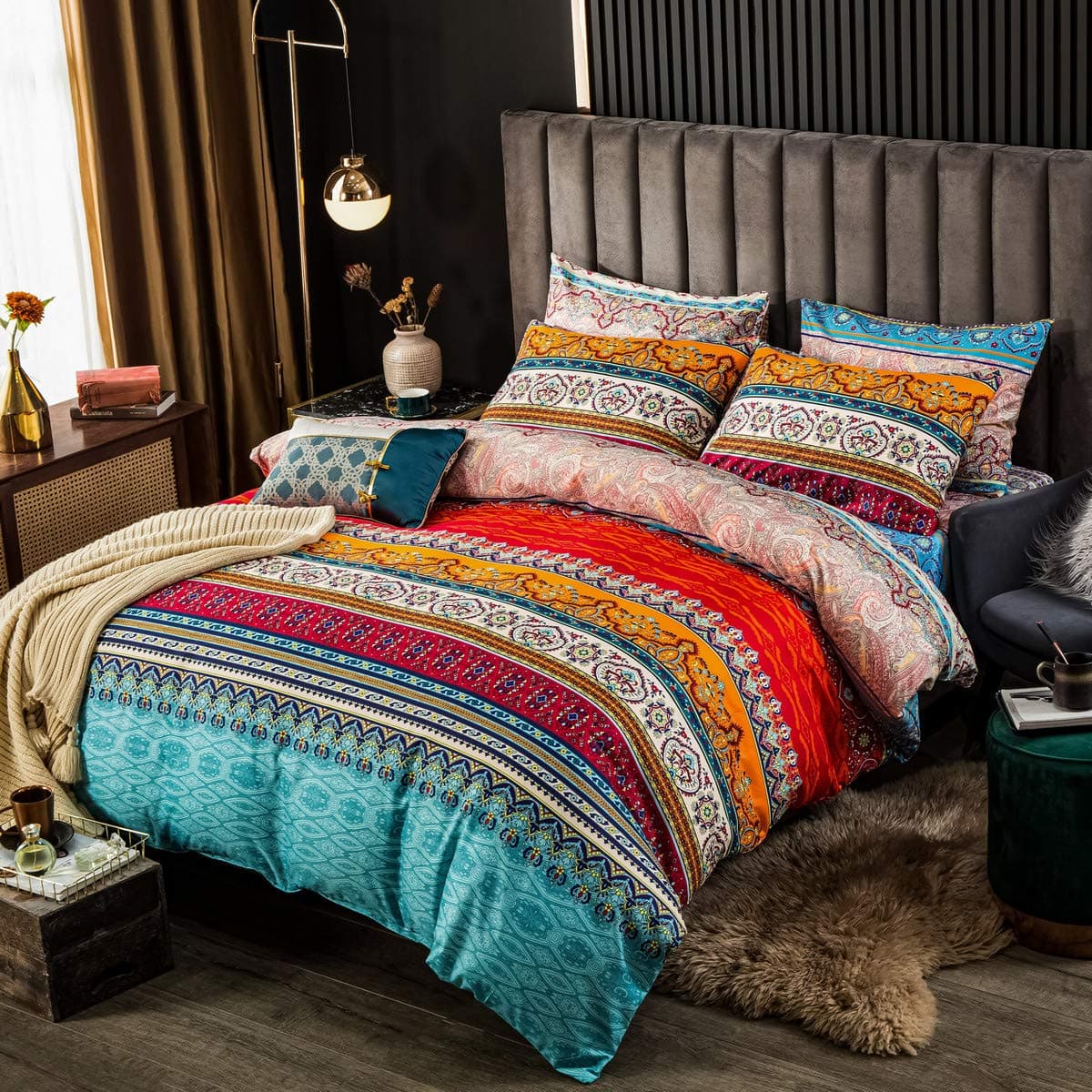 Bohemian Duvet Cover Queen Colorful Floral Boho Striped Bedding Set Ultra Soft Microfiber Double Duvet Cover Southwestern Indian Tribal Reversible Bedding Exotic Style Decor Boho Comforter Cover