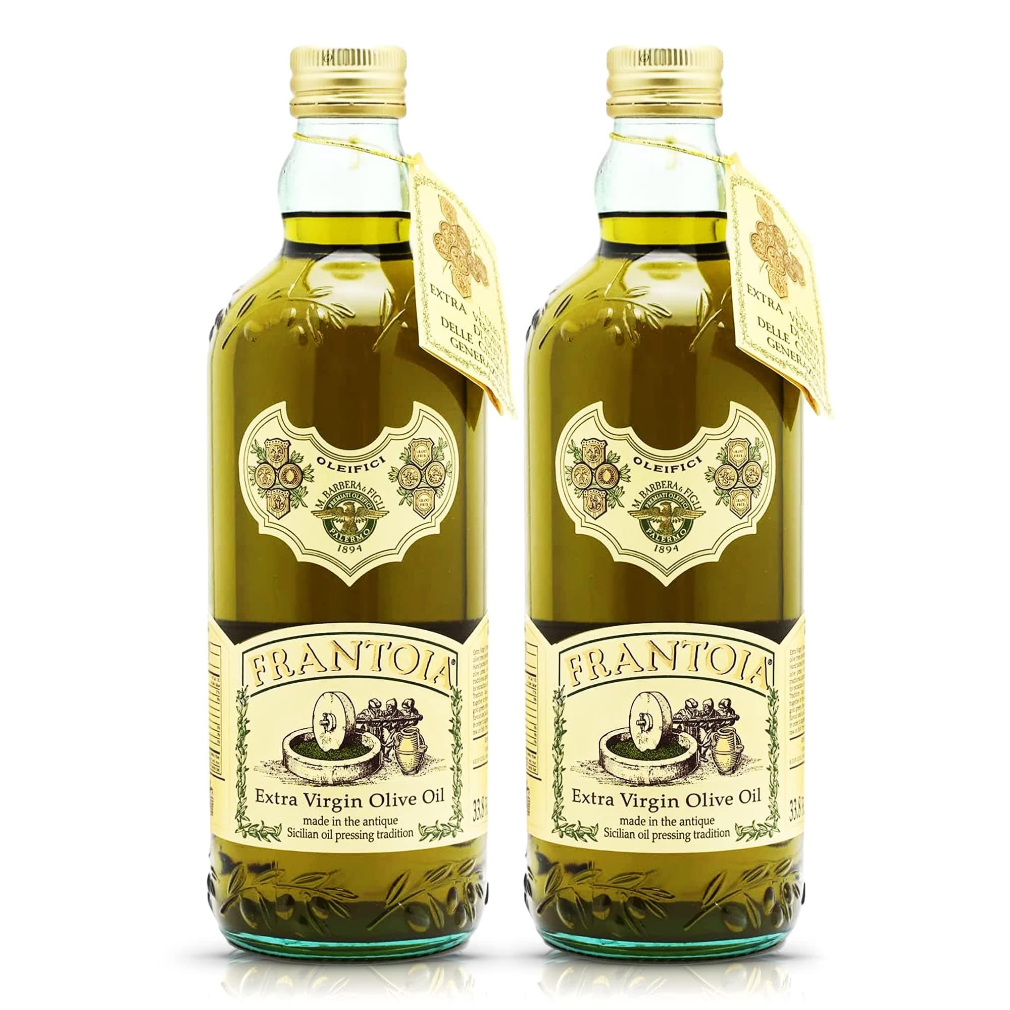 Frantoi Extra Virgin Olive Oil, 33.8 fl oz (1 Liter) – Award-Winning Sicilian EVOO Made from Biancolilla, Nocellara del Belice & Cerasuola Olives – Cold-Pressed within 24 Hours for Fresh, Fruity Flavor [Pack of 2]