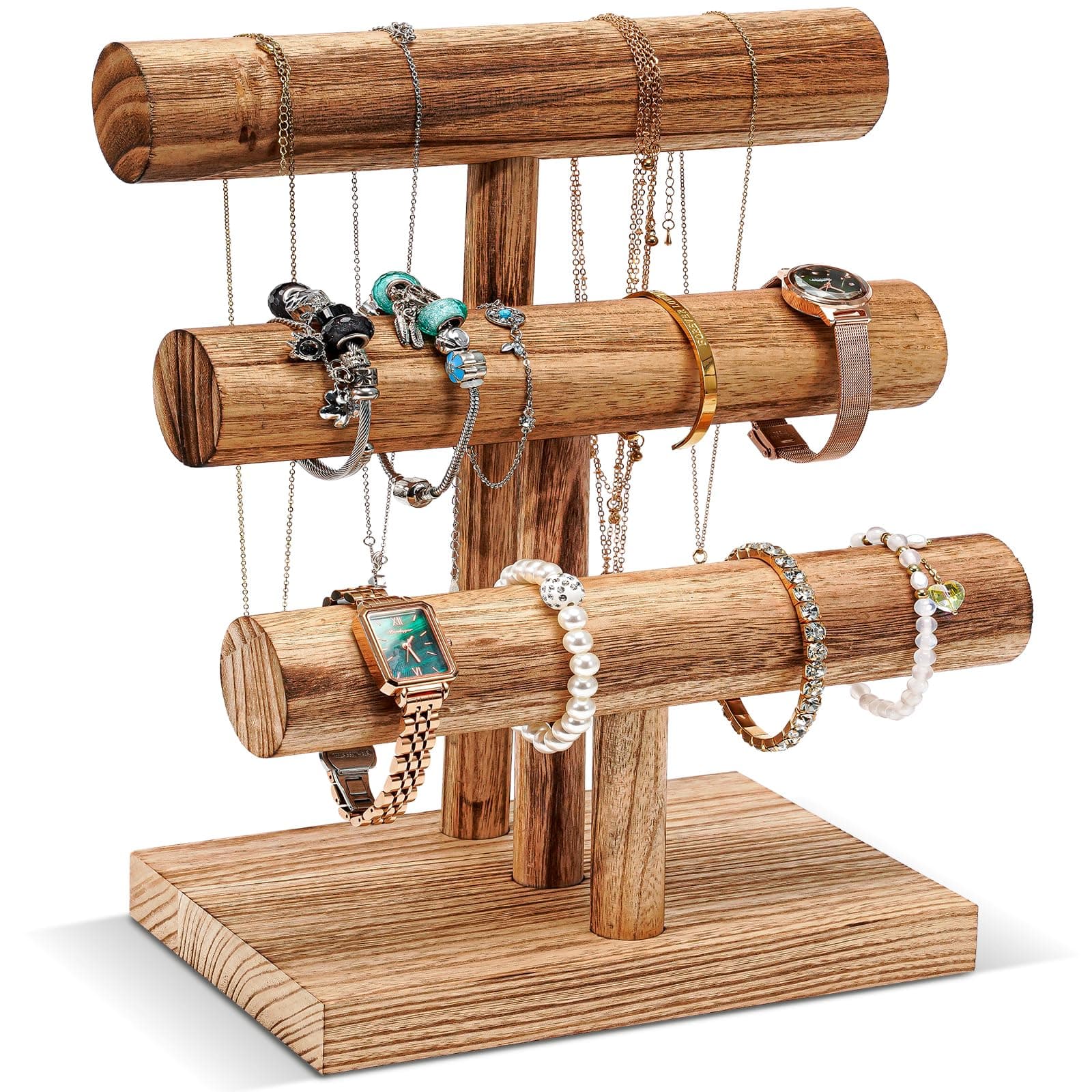 ProCase Bracelet Holder Display Bracelet Organizer, Wooden Bracelet Stand for Selling, T-bar Bangle Storage Rack Wood Watch Display Tower for Business - 3 Tier, Nature