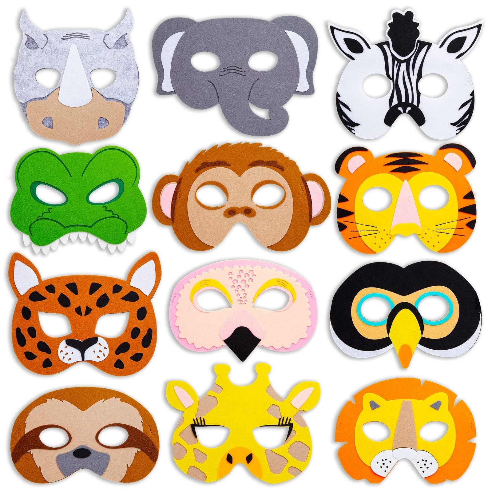 12 Pack Felt Animal Masks for Kids, Jungle Safari Party Favors for Birthday (7x7.2 in)