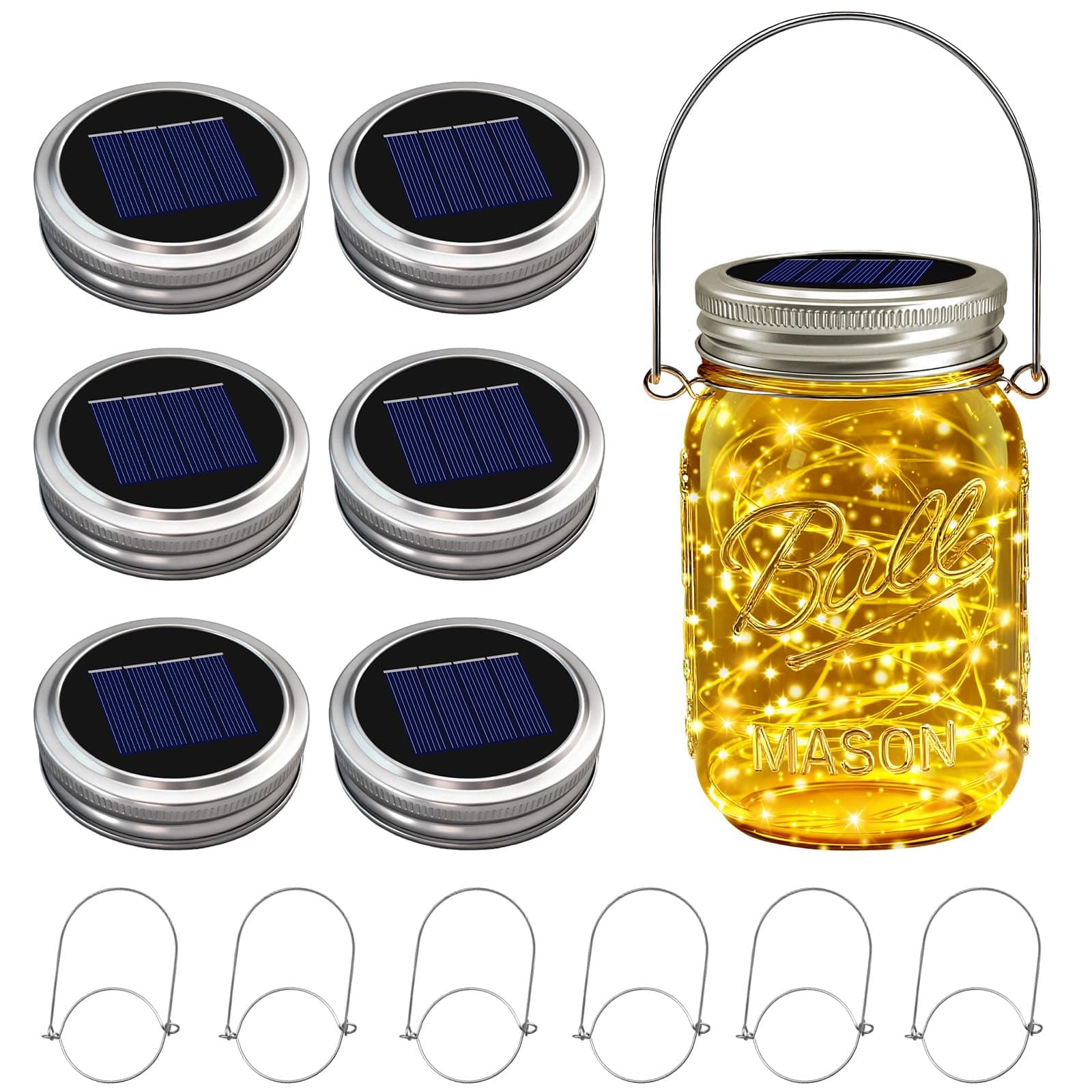 6 Pack Solar Mason Jar Lights for Outside, 30 LED Solar Mason Jar Lids Fairy Lights with 6 Hangers(No Jars) Outdoor Waterproof for DIY Patio Garden Yard Lawn Party Wedding Decoration Warm White