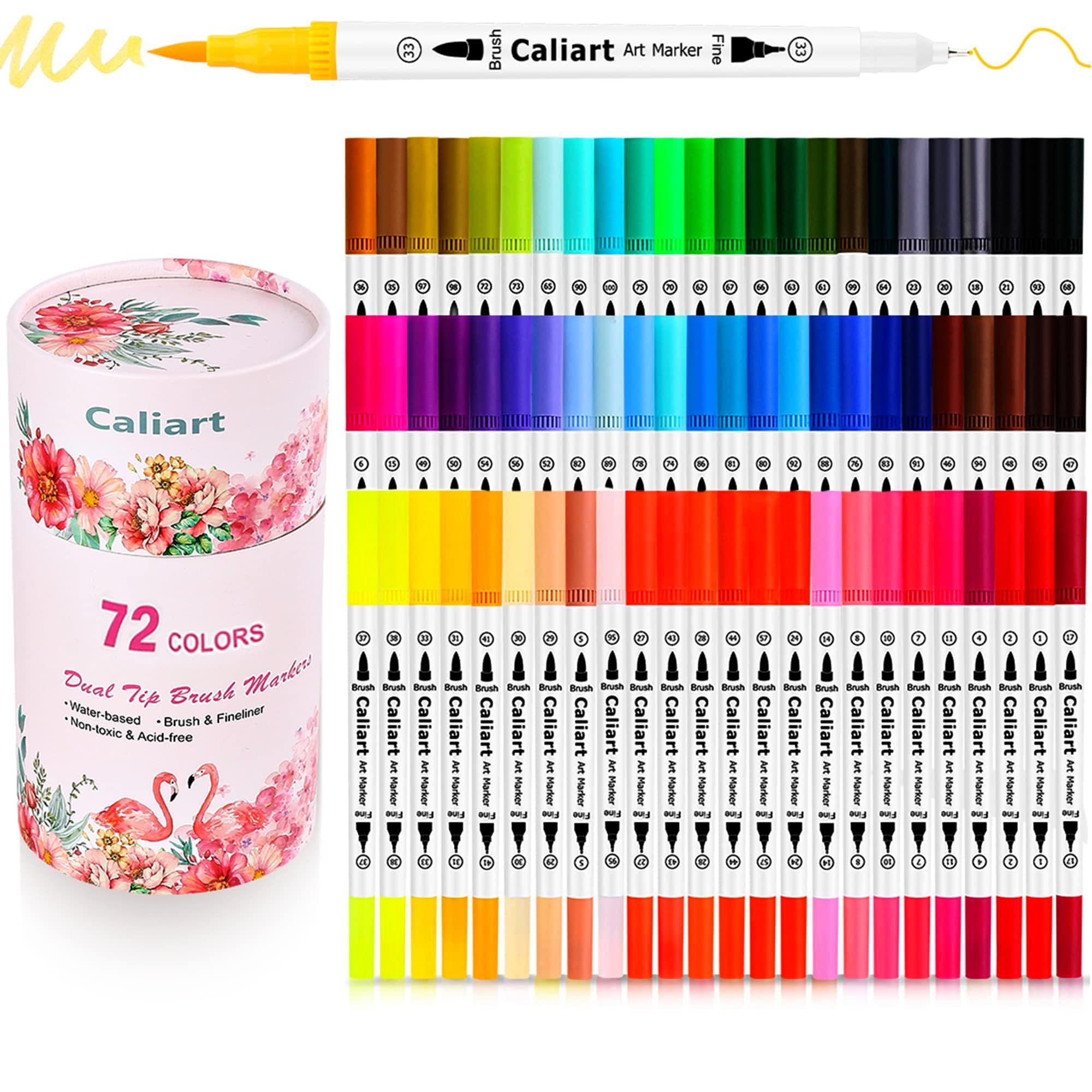 Caliart 72 Dual Brush Pens Art Markers, Artist Fine & Brush Tip Pen Coloring Markers for Adult Coloring Book Journaling Note Taking Lettering Calligraphy Kids Drawing Pens Kit Art Craft Supplies