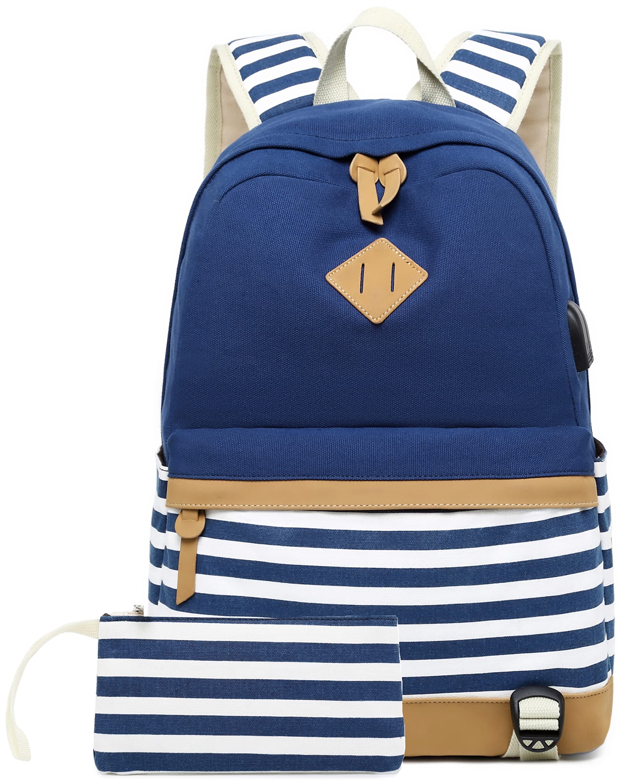 School Backpack for Girls Teens, College Bookbag Back Bag with USB Charging Port (Blue)