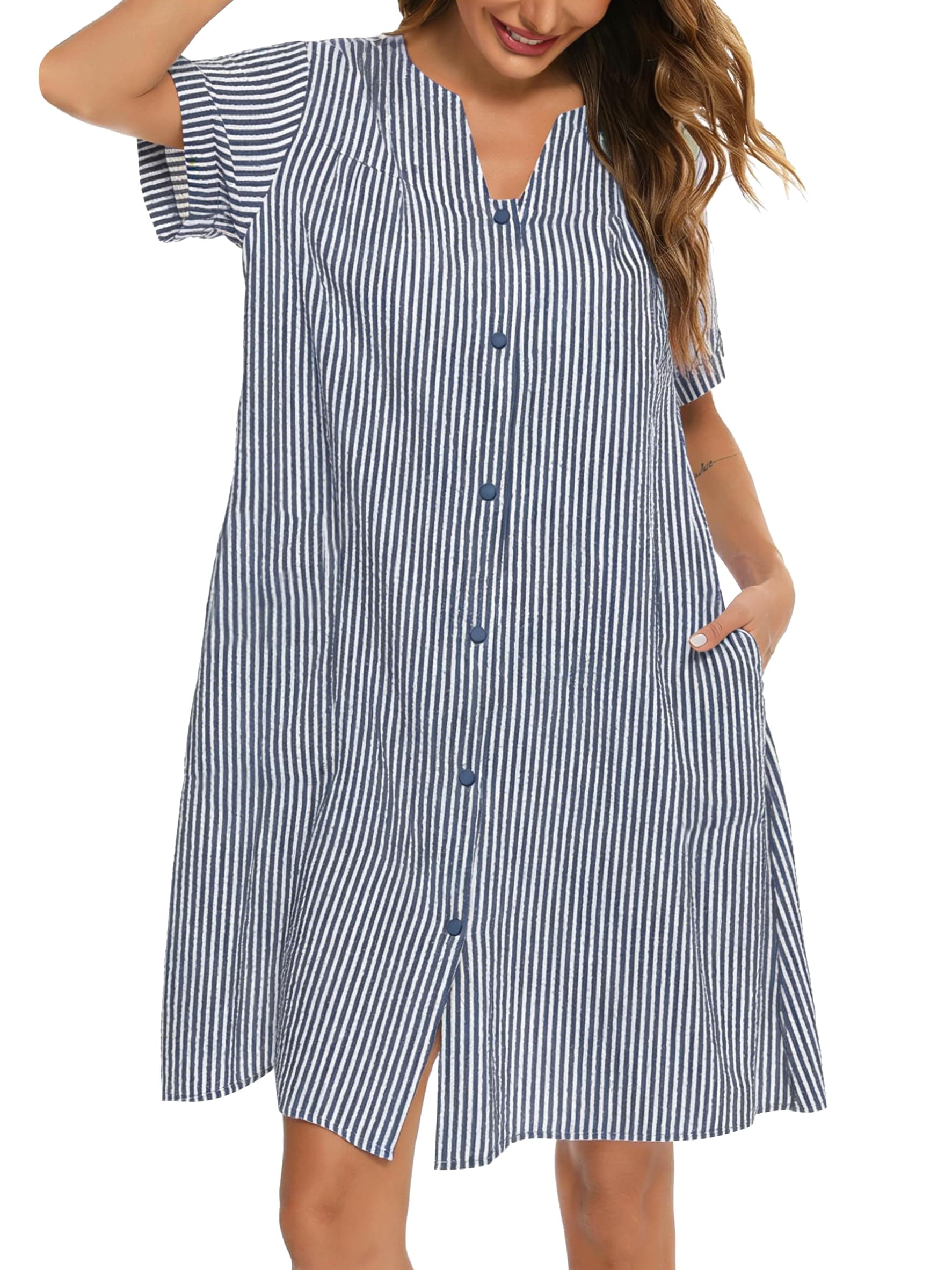 House Dress Women Cotton Duster Robe Short Sleeve Housecoat Button Down Nightgown