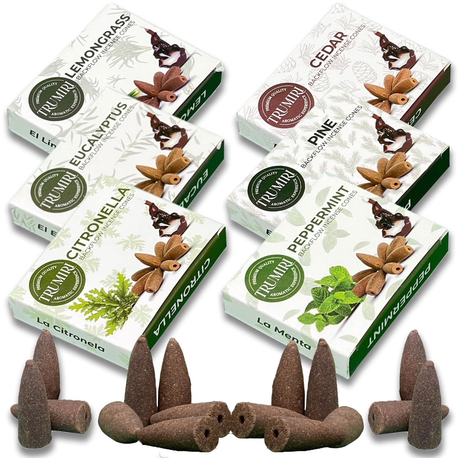 Trumiri Leafy Backflow Incense Cones - Variety Pack - Total 60 Incense Cones Waterfall (6 Scents X 10 Conos) - Citronella, Lemongrass, Eucalyptus, Peppermint, Cedar, Pine - Incense Backflow Cones