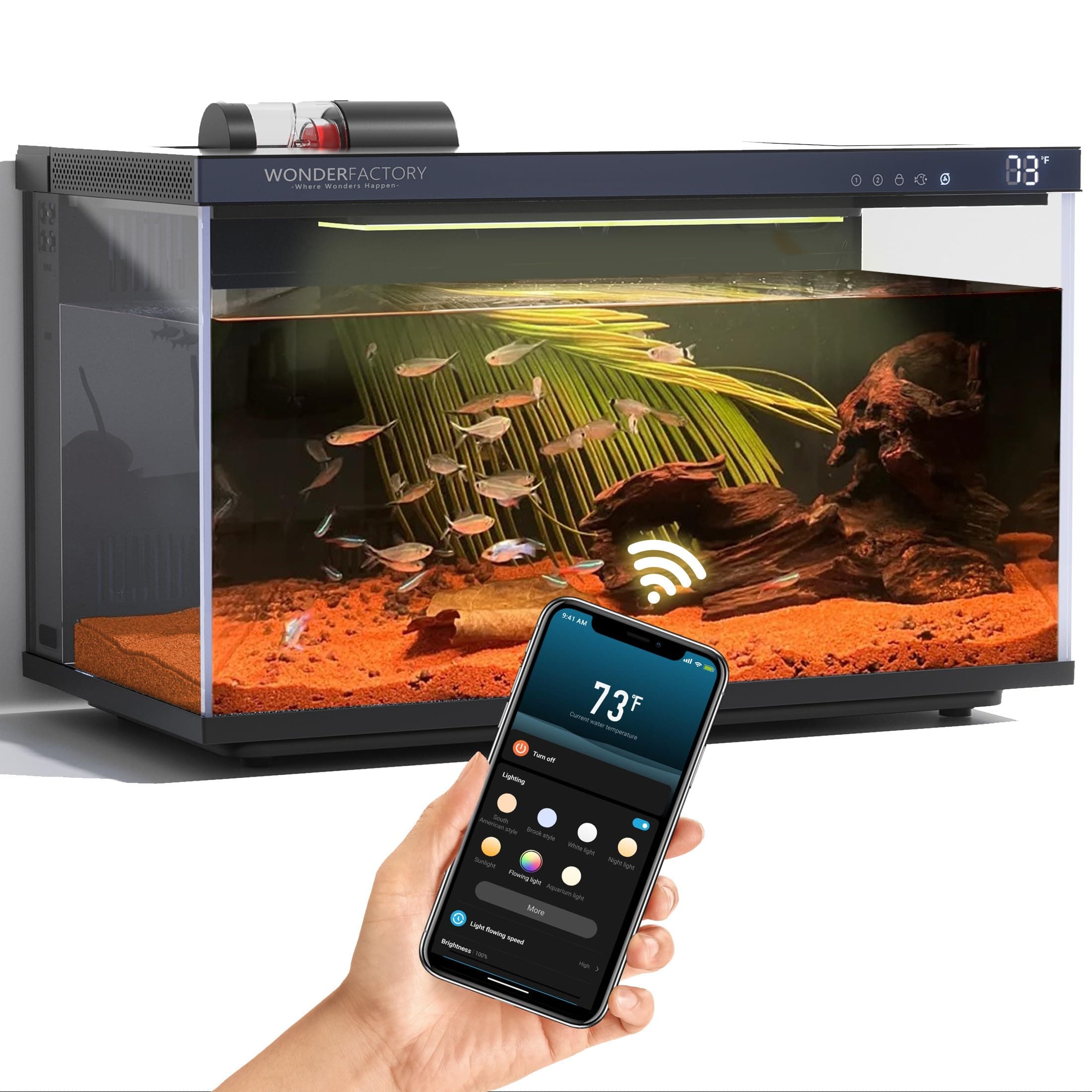Wonderfactory Smart Aquarium Fish Tank 5 Gallon Starter kit, Self Cleaning System Efficiency Filter 7 Color LED Lights Automatic Feeder Temperature Display Monitor HD Glass, Smart Control with Apps