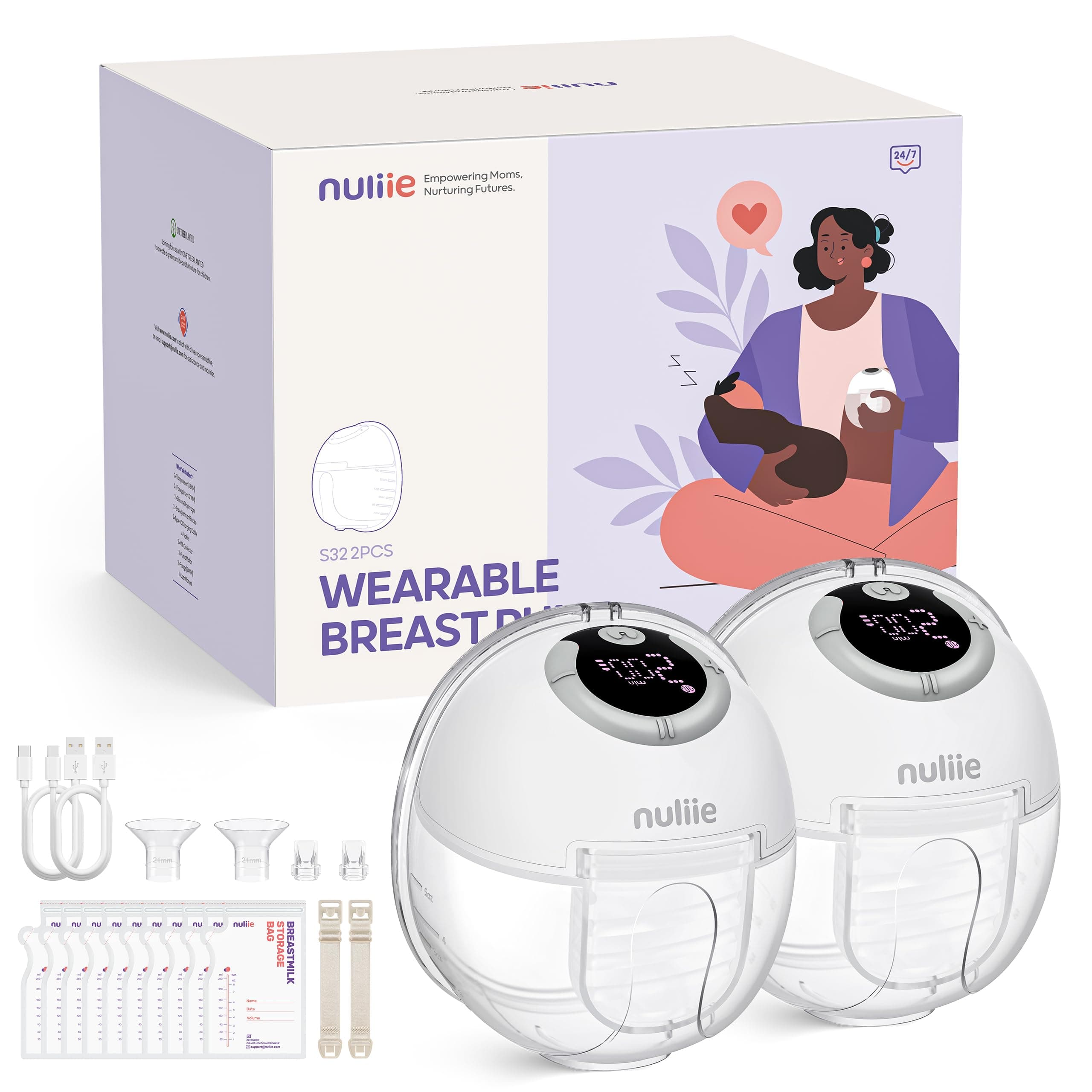Nuliie Hands-Free Breastfeeding Pump, Wearable Breastfeeding Pump, 4 Modes, 9 Levels, 18/21/24mm Flanged Electric Breastfeeder, Portable with Replacement Pump Accessories (2 Pack, White Smoke)