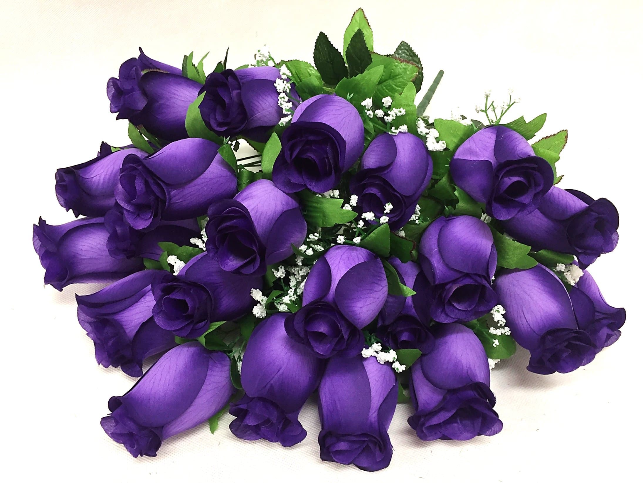 Silk Flower Garden 24 Heads Rose Bud Bouquet 24", Purple