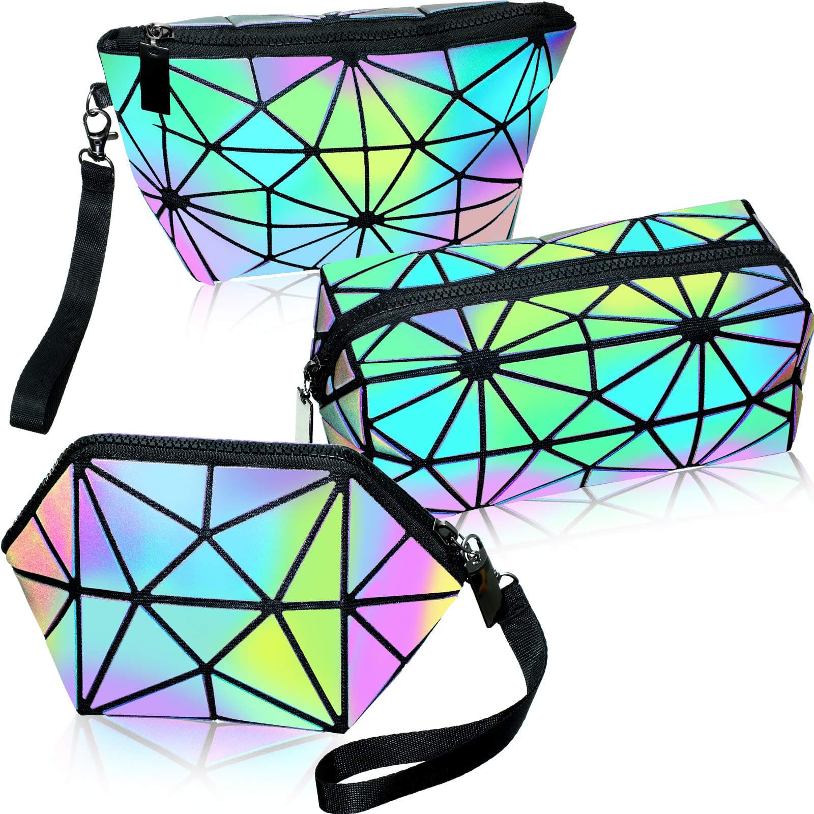 Weewooday 3 Pieces Makeup Bags for Women,Christmas gift for Portable Travel Cosmetic Bag Organizer Case with Wrist Strap Toiletry Bags Geometric and Foldable Makeup Bag(Holographic)