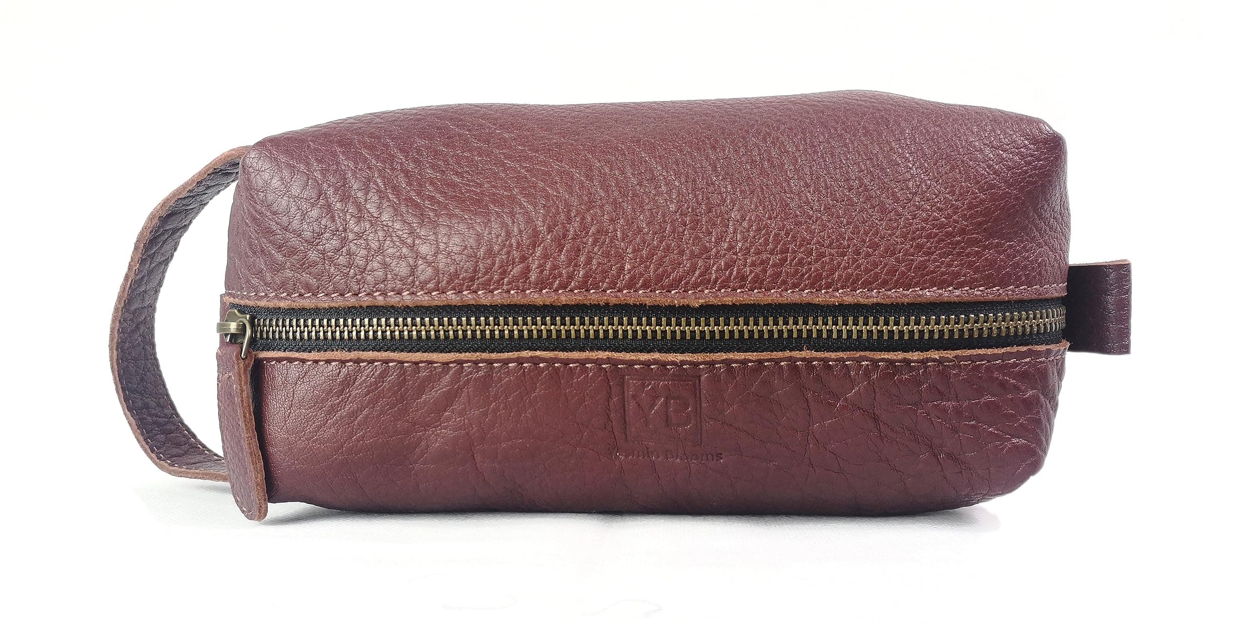 YB Yasmin BloomsYasmin Blooms Essential Toiletry Bag - Cosmetic Bag - Makeup Bag - Shaving Bag - Genuine Leather - Small Leather Bag (Dark Red)