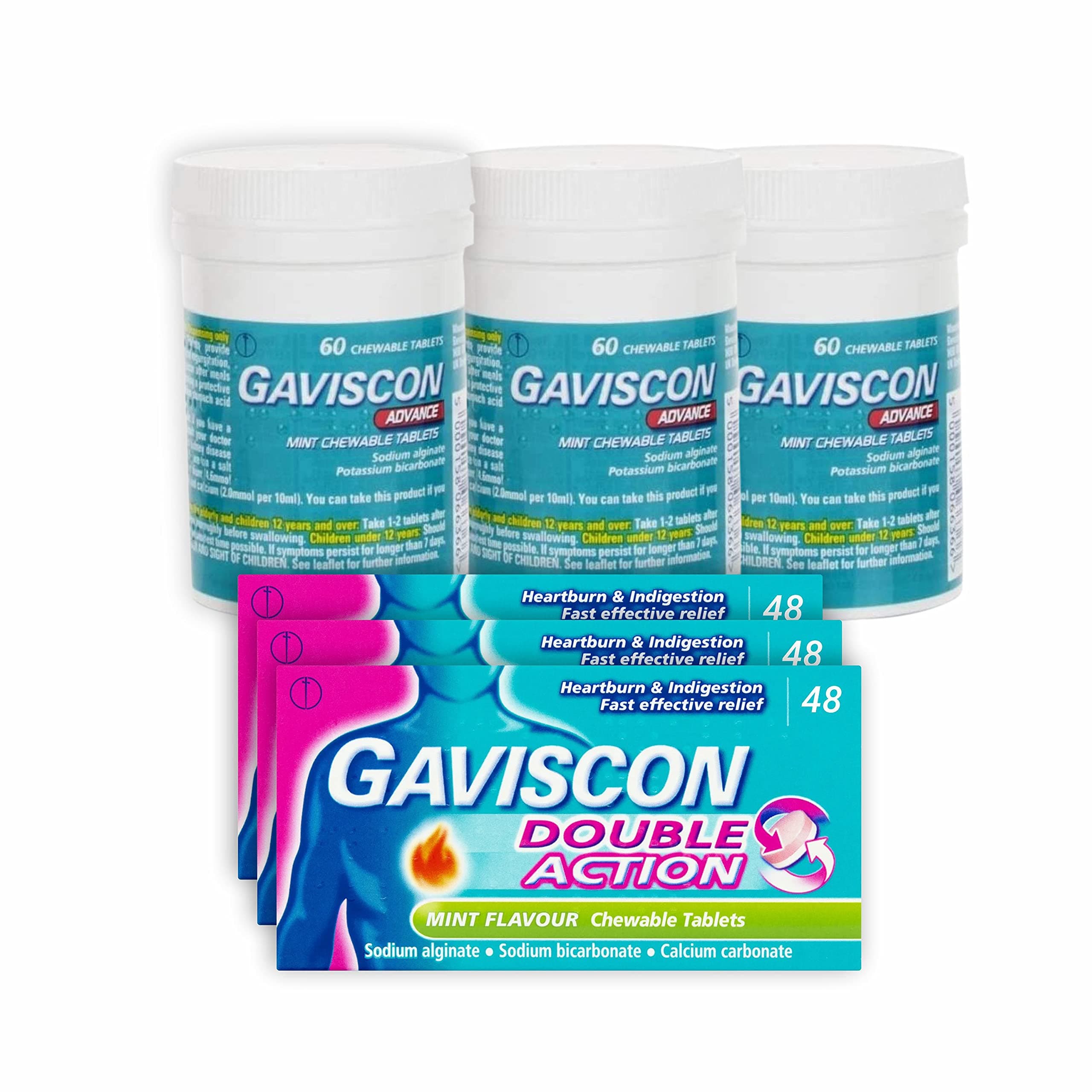Gaviscon Mint Chewable Tablets 48 and Advance Chewable Tablets Mint-60 (Pack of 3)