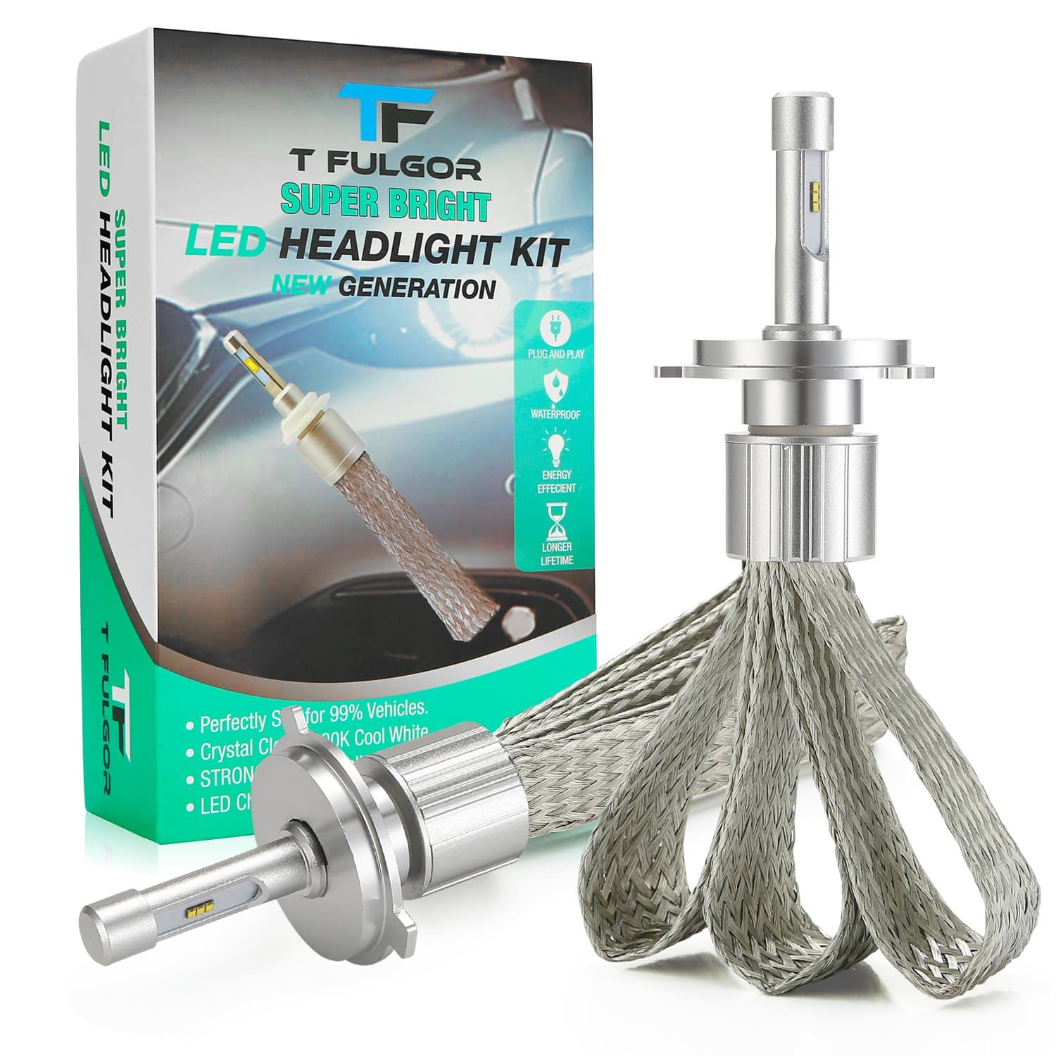 T FULGOR Super Bright H4 LED Headlight Bulbs Conversion Kit with eight LED chips, Purple copper braid, 40w, 11,000 Lumens, 6000K Cool White light, IP68 Waterproof,1 pair (H4)