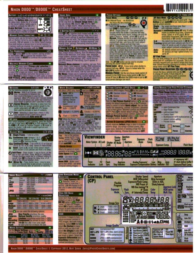 Photo CheatSheet for Nikon D800/D800E Digital SLR Camera