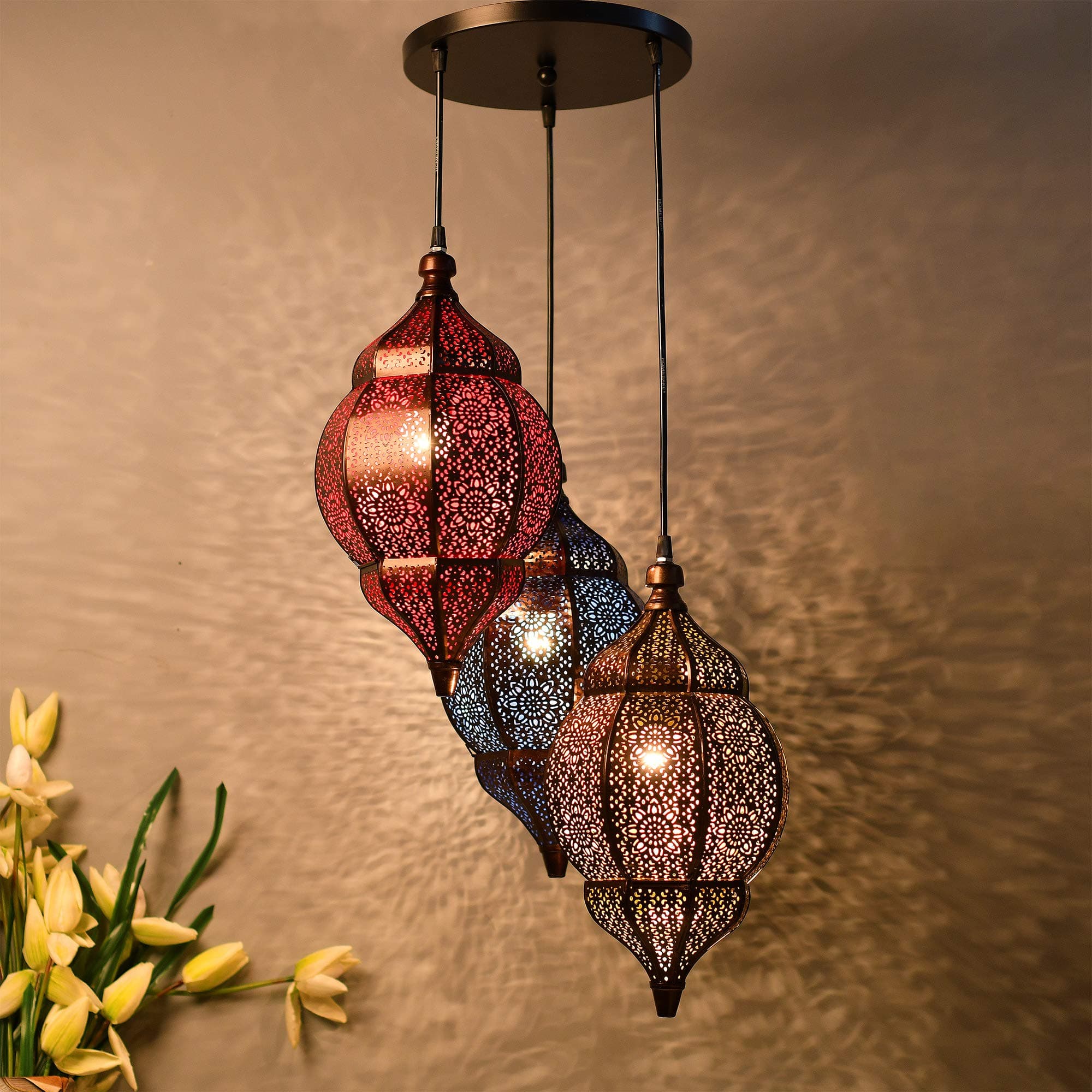 Homesake Moroccan Hanging Pendant Lights - Vintage Handcrafted Metal Ceiling Lamps, Jhumar Chandelier for Living Room, Bedroom, Dining Room - LED, Festive Lighting, Ramadan Decorations for Home