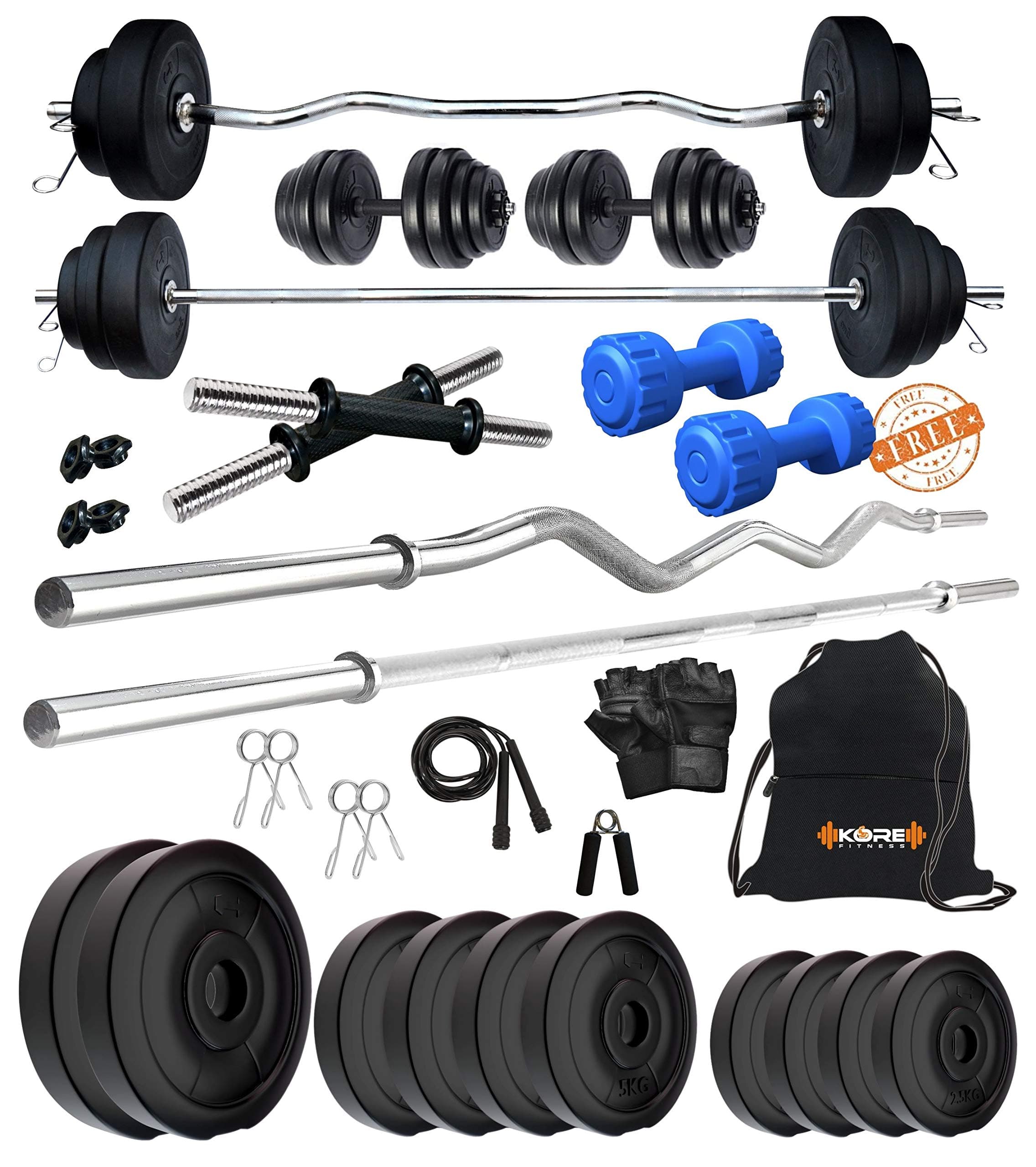 Kore PVC 20-50 Kg Home Gym Set with One Plain + One Curl and One Pair Dumbbell Rods with Gym Accessories and PVC Dumbbells