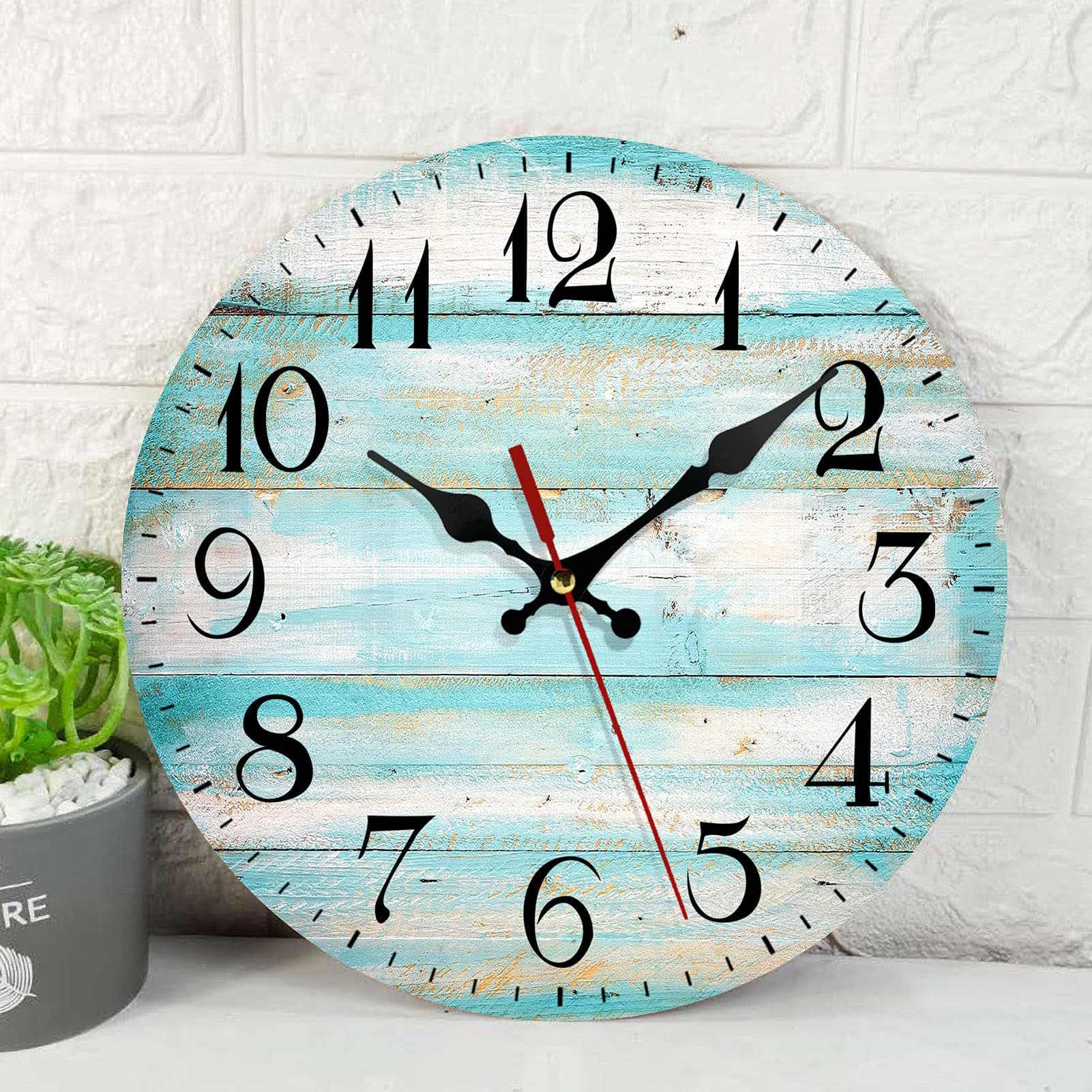 ArtSocket Wooden Pattern Wall Clock Silent Non-Ticking, Vintage Beach Wood Old Teal Round Rustic Wall Clocks Decor for Home Kitchen Living Room Office, Battery Operated(12 Inch)