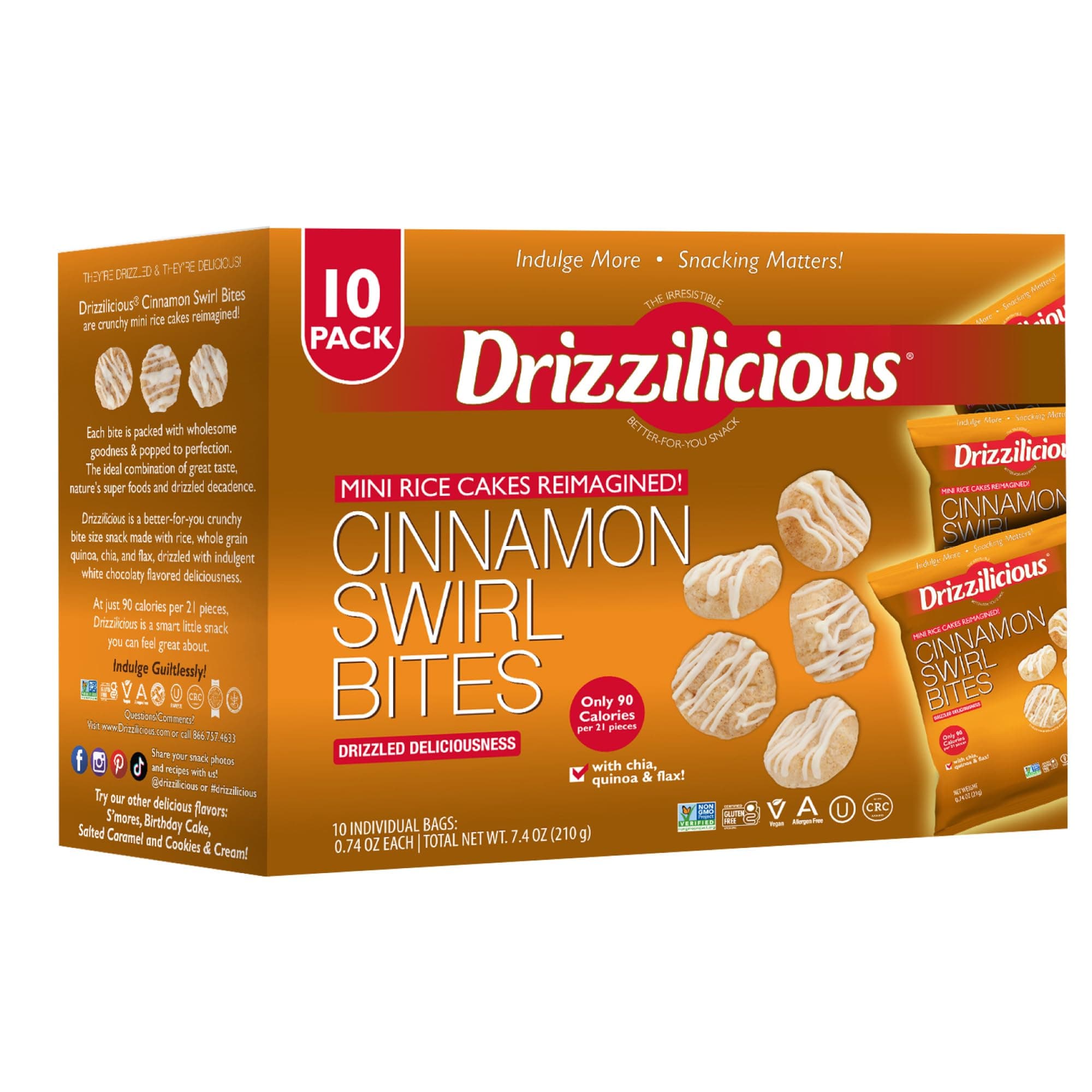 Mini Rice Cakes Cinnamon Swirl - Rice Crisps, Healthy Snack for Adults and Kids, Flavored Rice Cakes, Vegan, Gluten Free, Allergen Free, Only 90 Calories Per Bag - 0.74 oz (Pack of 10)