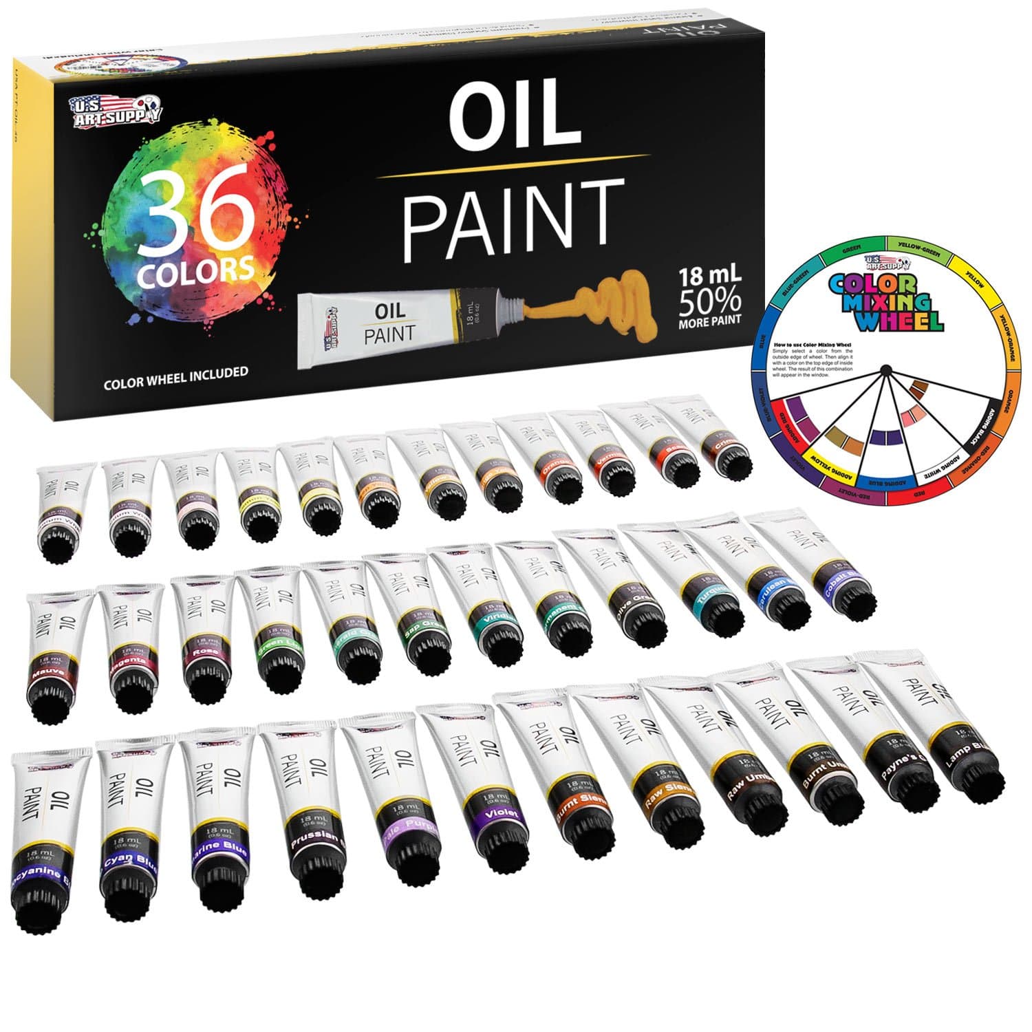 U.S. Art Supply Professional Oil Paint Set - 36 Vibrant Colors in 18ml Tubes for Canvas, Wood & Art Surfaces - Oil Based Paint for Artists, Adults & Students