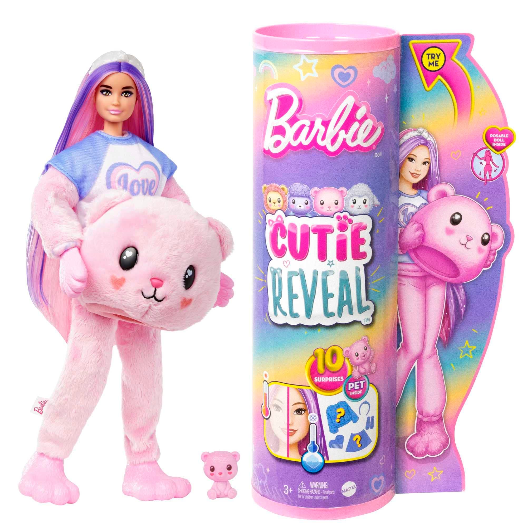 Cutie Reveal Doll with Pink Hair & Teddy Bear Costume, 10 Suprises Include Accessories & Pet (Styles May Vary)