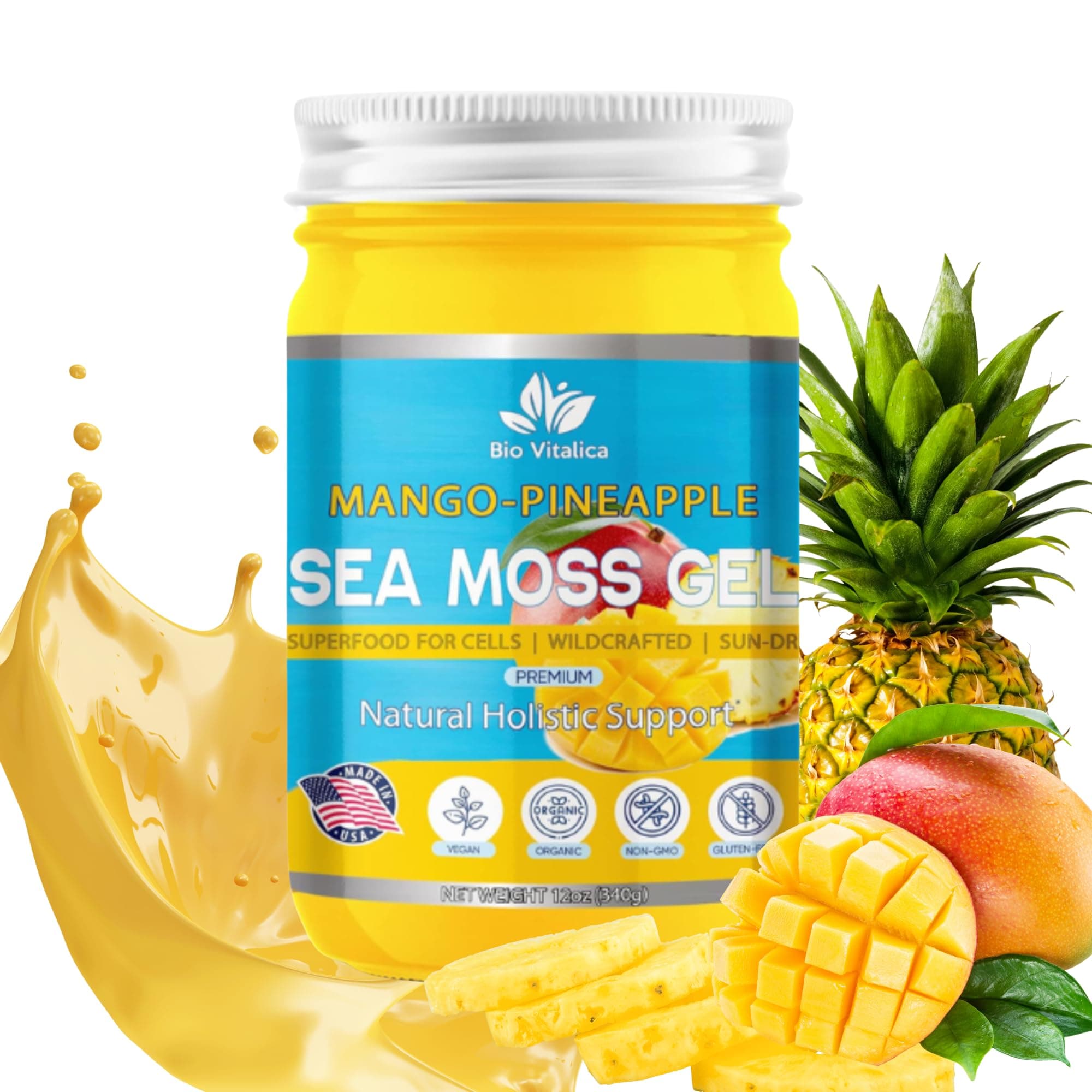 Sea Moss Gel by BioVitalica - Irish sea Moss raw Organic - Premium Quality - Dr Sebi, Vegan superfood for Cells - 100% Natural Seamoss Gel - (Pack of 1, Mango-Pineapple)