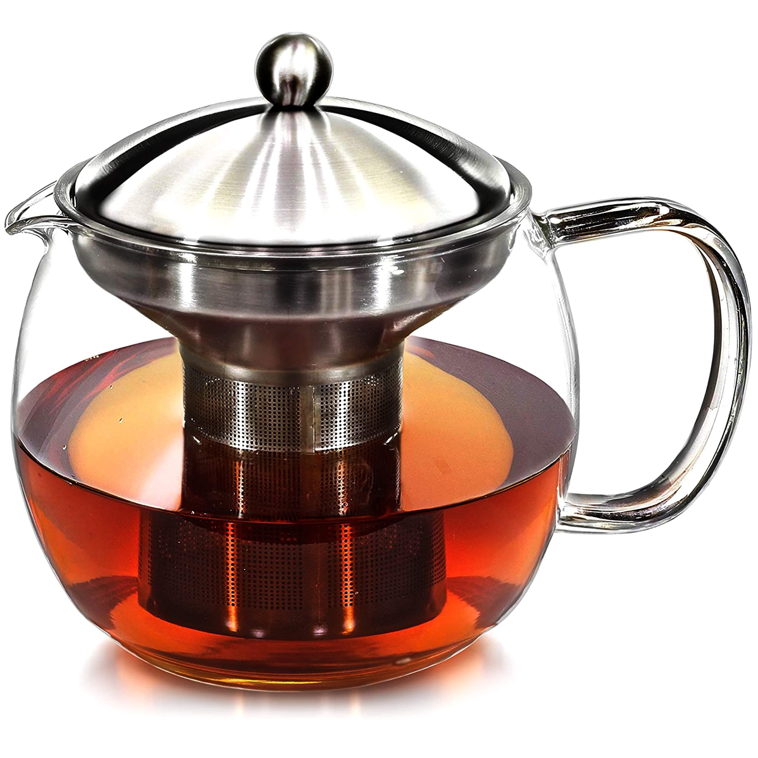 Teapot with Infuser for Loose Tea - 40oz, 3-4 Cup, Clear Glass Kettle Pot with Strainer & Warmer - For Whole Leaf, Iced Maker & Brewer
