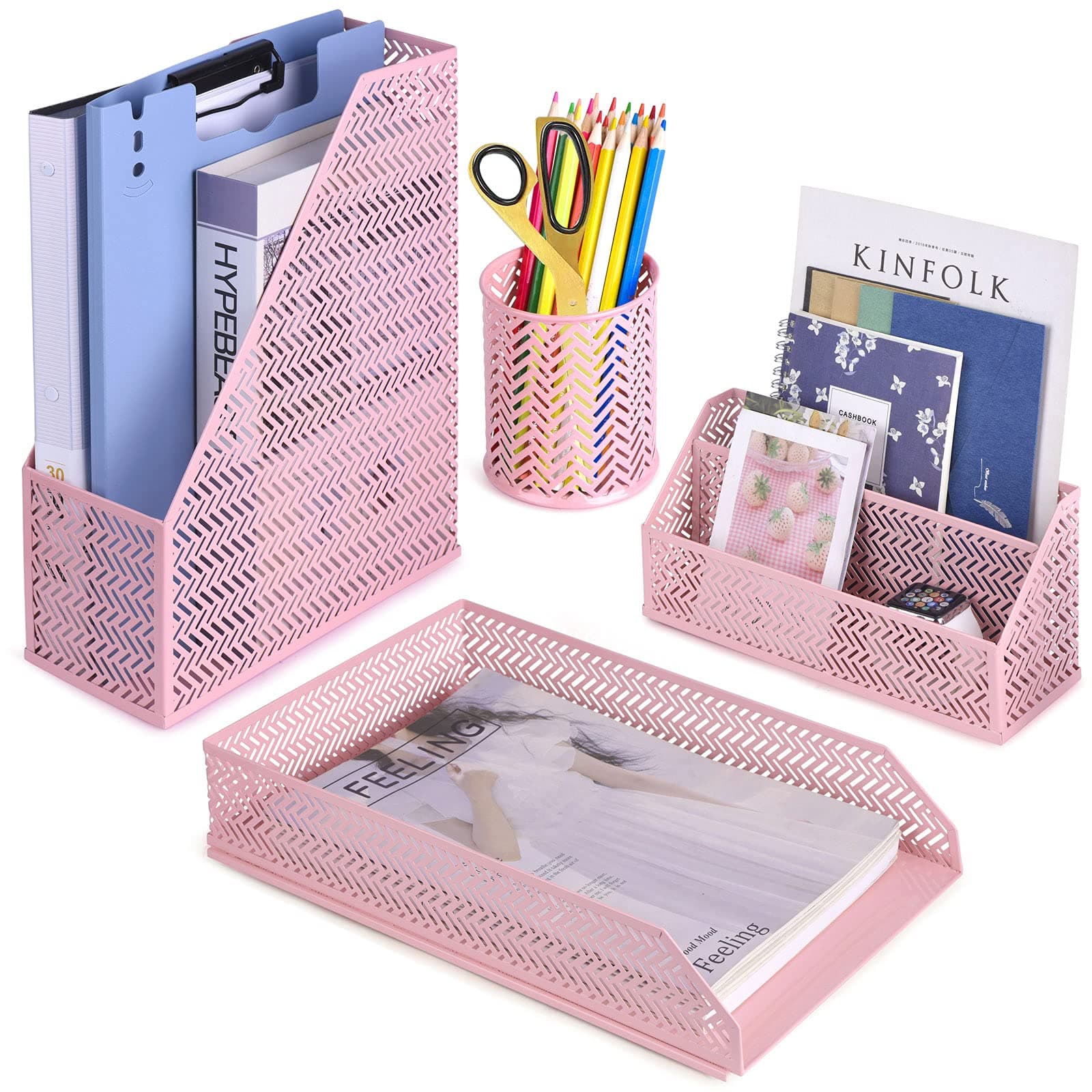 POPRUN Desk Organizer Set Pink, Cute Desk Accessories 4 Piece-Letter Sorter, Pencil Holder, Magazine Holder and Paper Tray Office Organization Set - Stationary Desktop Deco Desk Caddy for Home